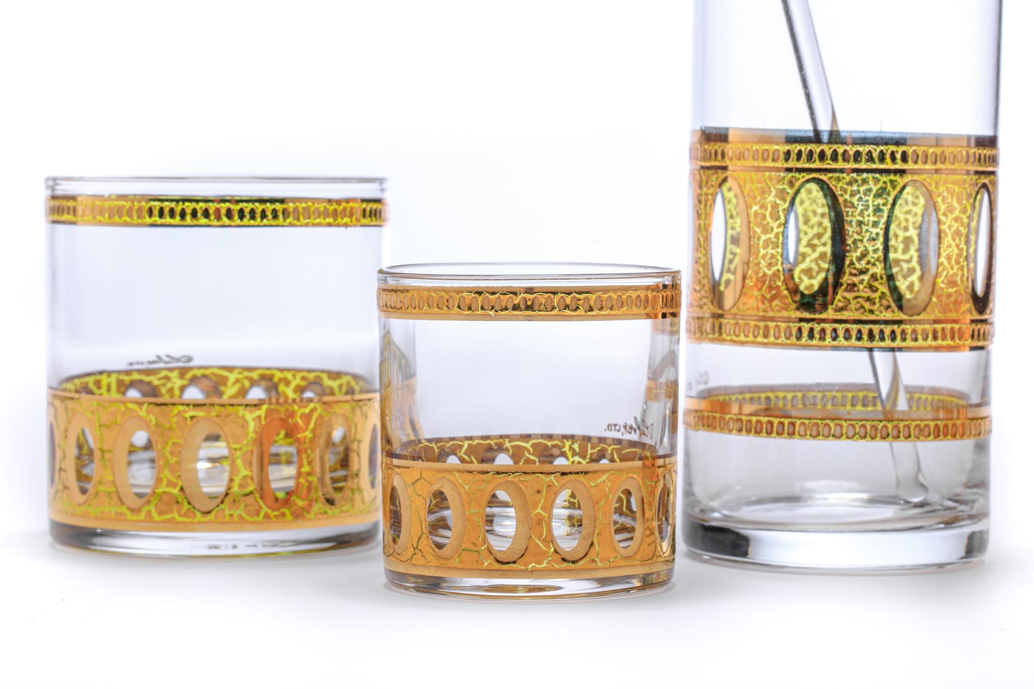 Mid-Century Modern Gold Plated Barware Set of Glasses & Mixer by Culver c. 1965 For Sale 8