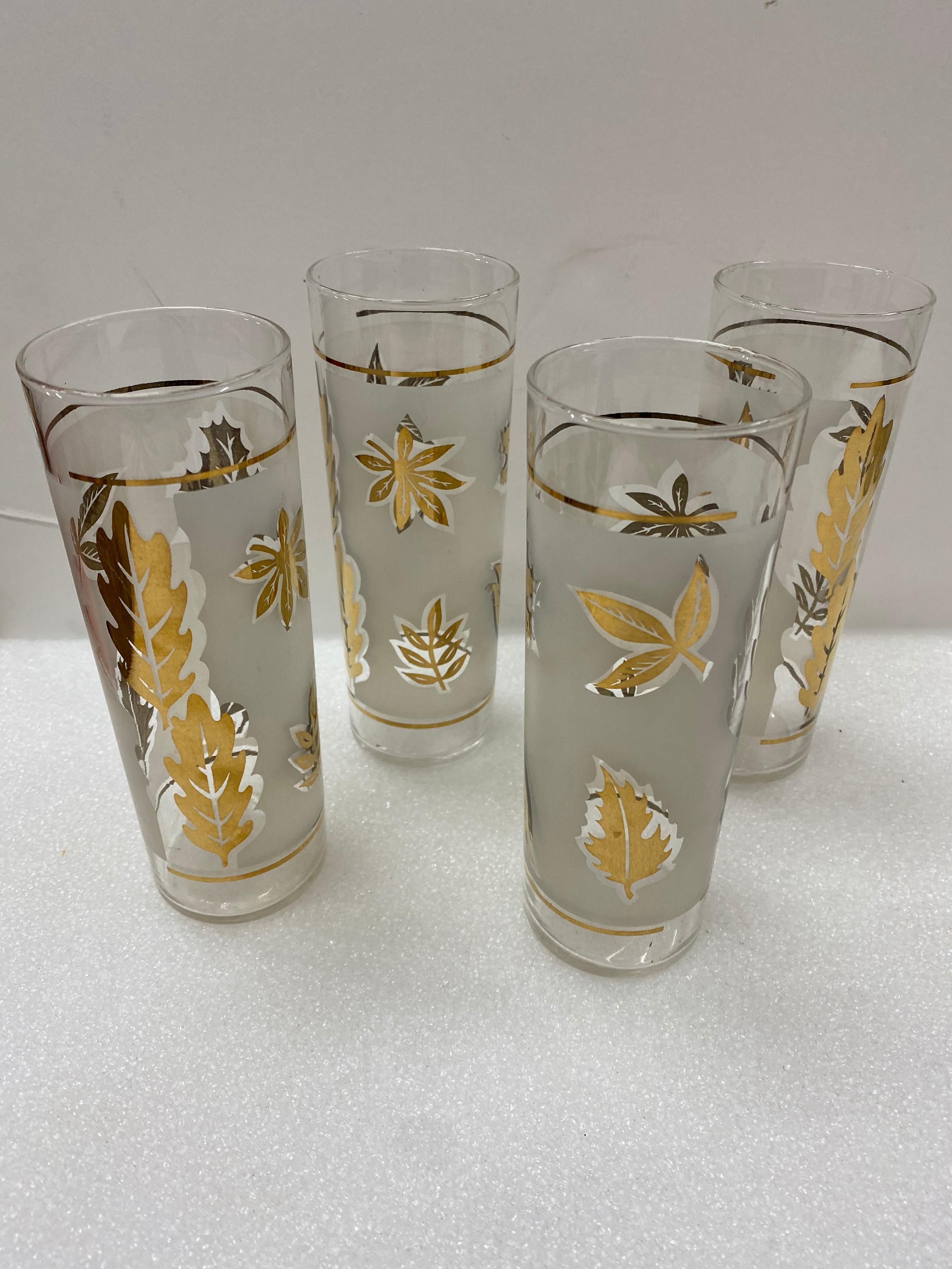 American Mid-Century Modern Golden Foliage 22k Gold Libbey Highball Glass Set