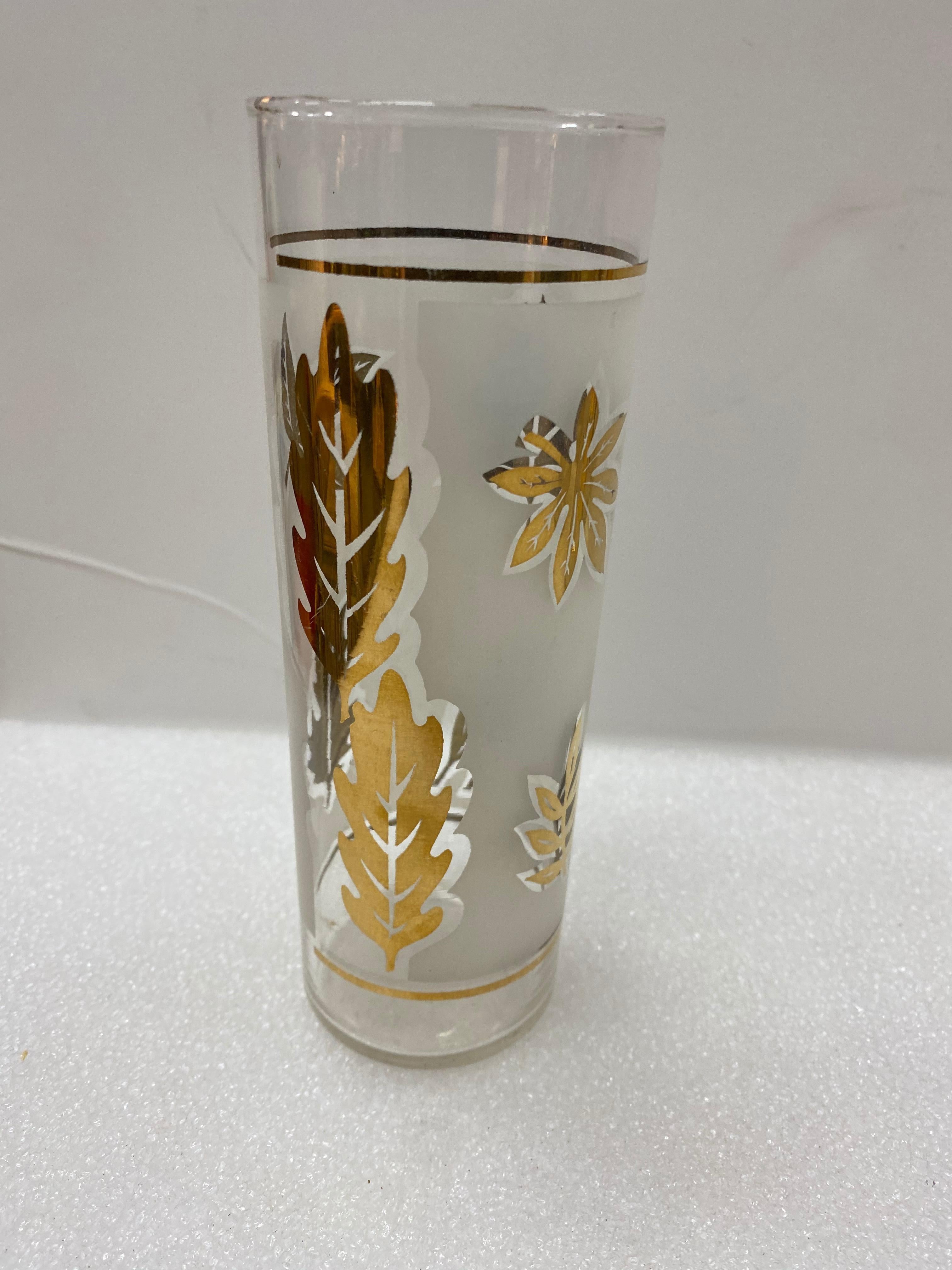 Frosted Mid-Century Modern Golden Foliage 22k Gold Libbey Highball Glass Set
