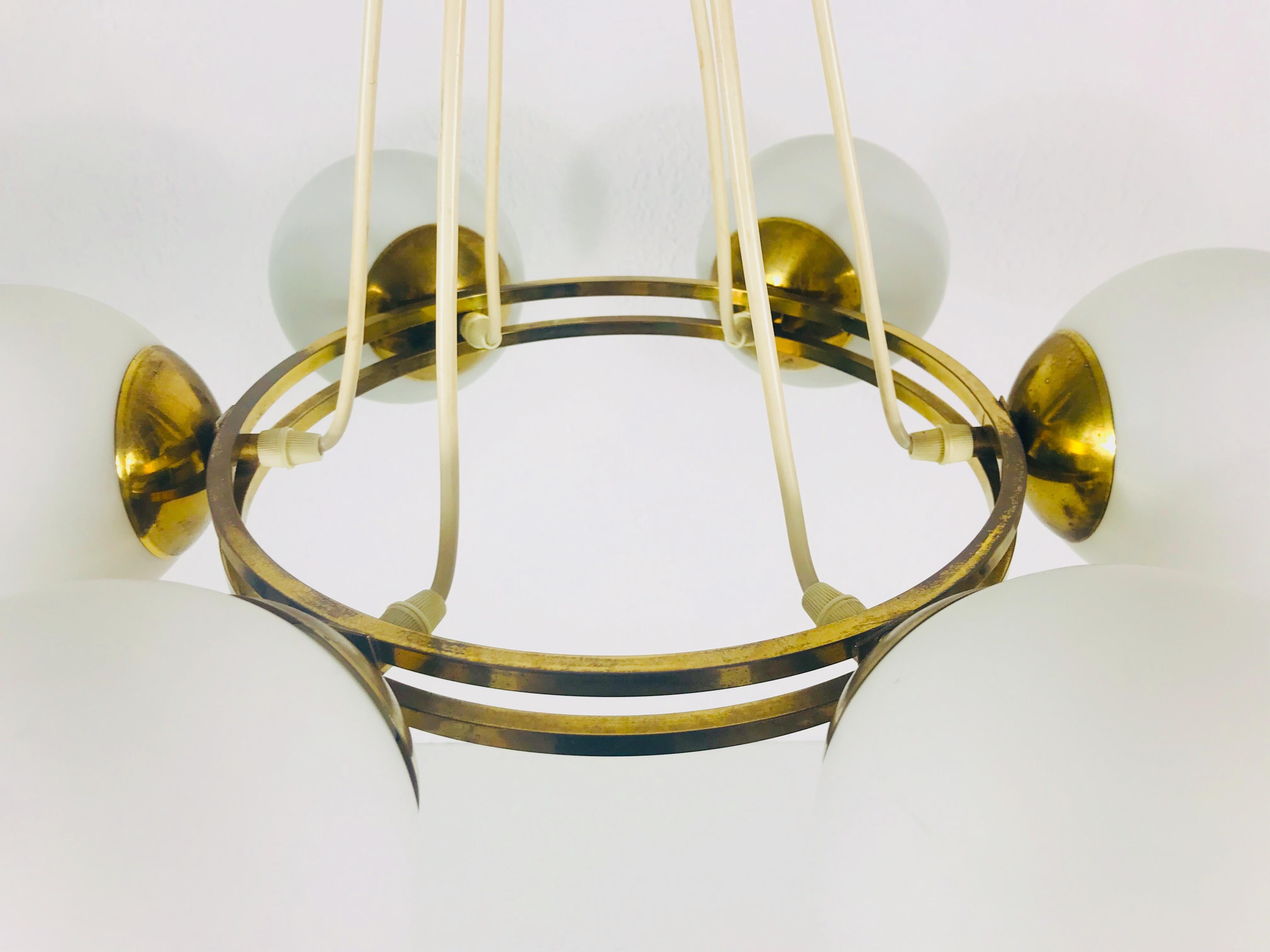 Opaline Glass Mid-Century Modern Golden Kaiser 6-Arm Space Age Chandelier, 1960s, Germany For Sale