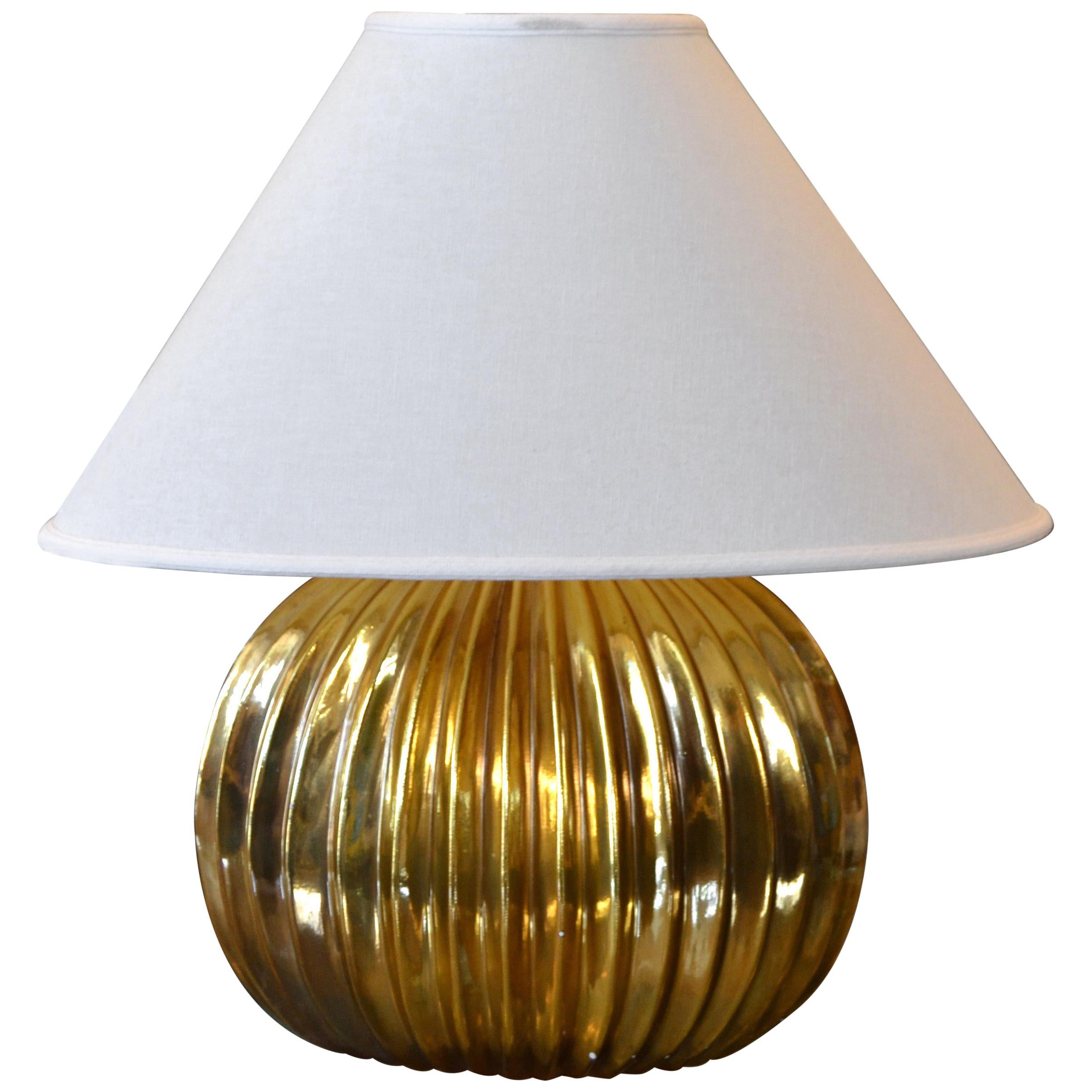 Mid-Century Modern Golden Ribbed Table Lamp with Oval Linen Shade, Italy