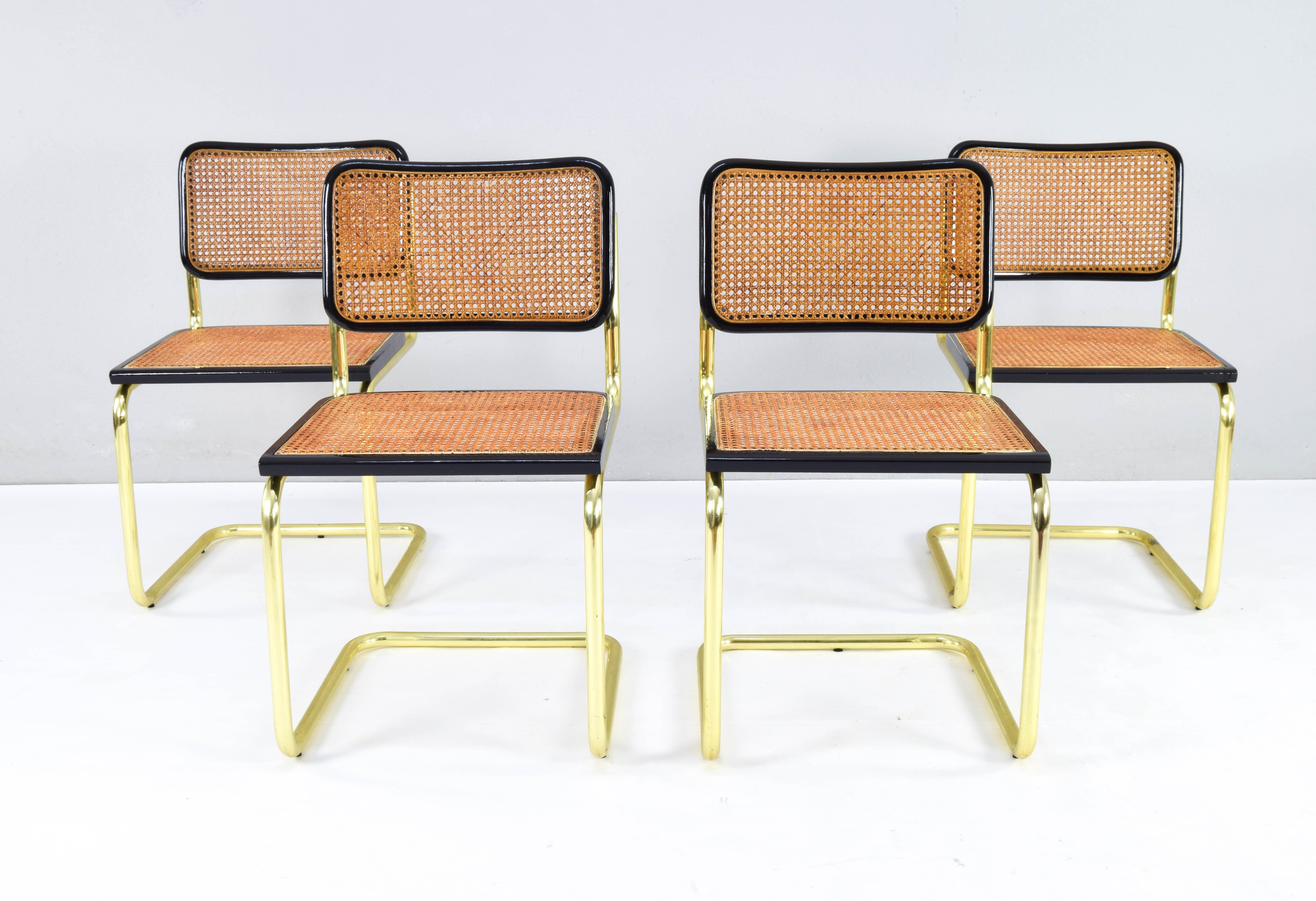 Italian Mid-Century Modern Golden Steel Brass Cesca Chairs of Marcel Breuer, Italy 1970