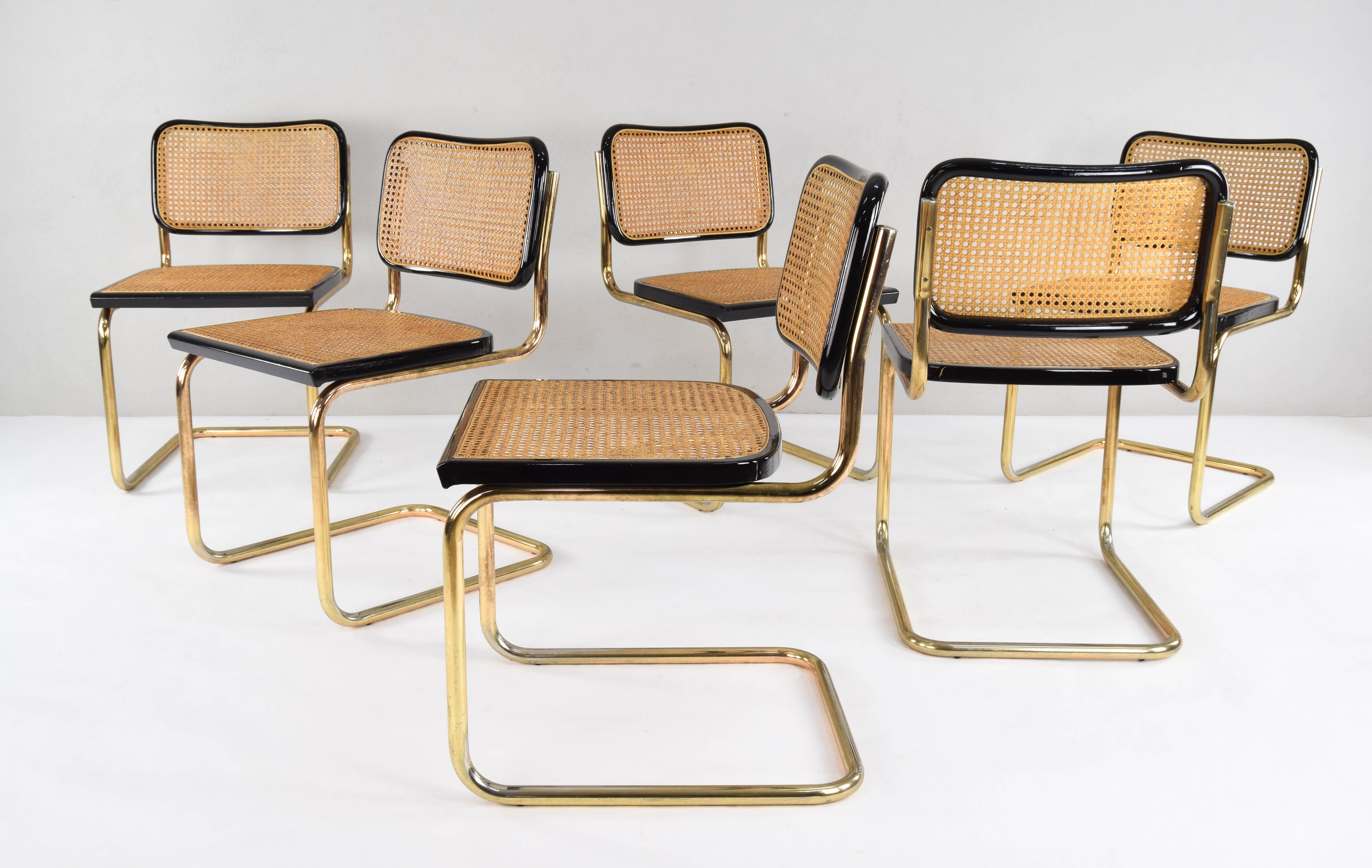 Italian Mid-Century Modern Golden Steel Cesca Chairs of Marcel Breuer, Italy, 1970