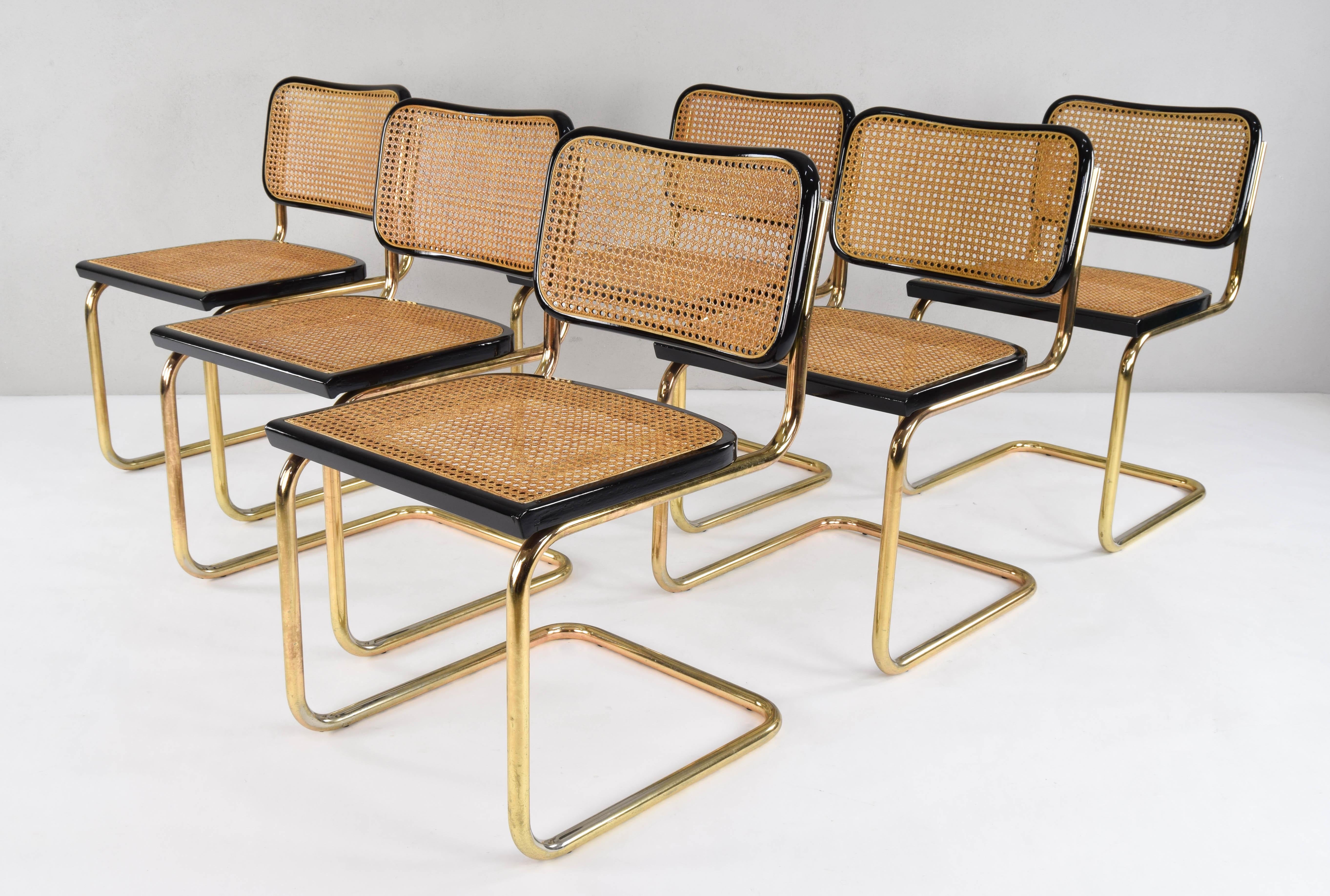 Lacquered Mid-Century Modern Golden Steel Cesca Chairs of Marcel Breuer, Italy, 1970
