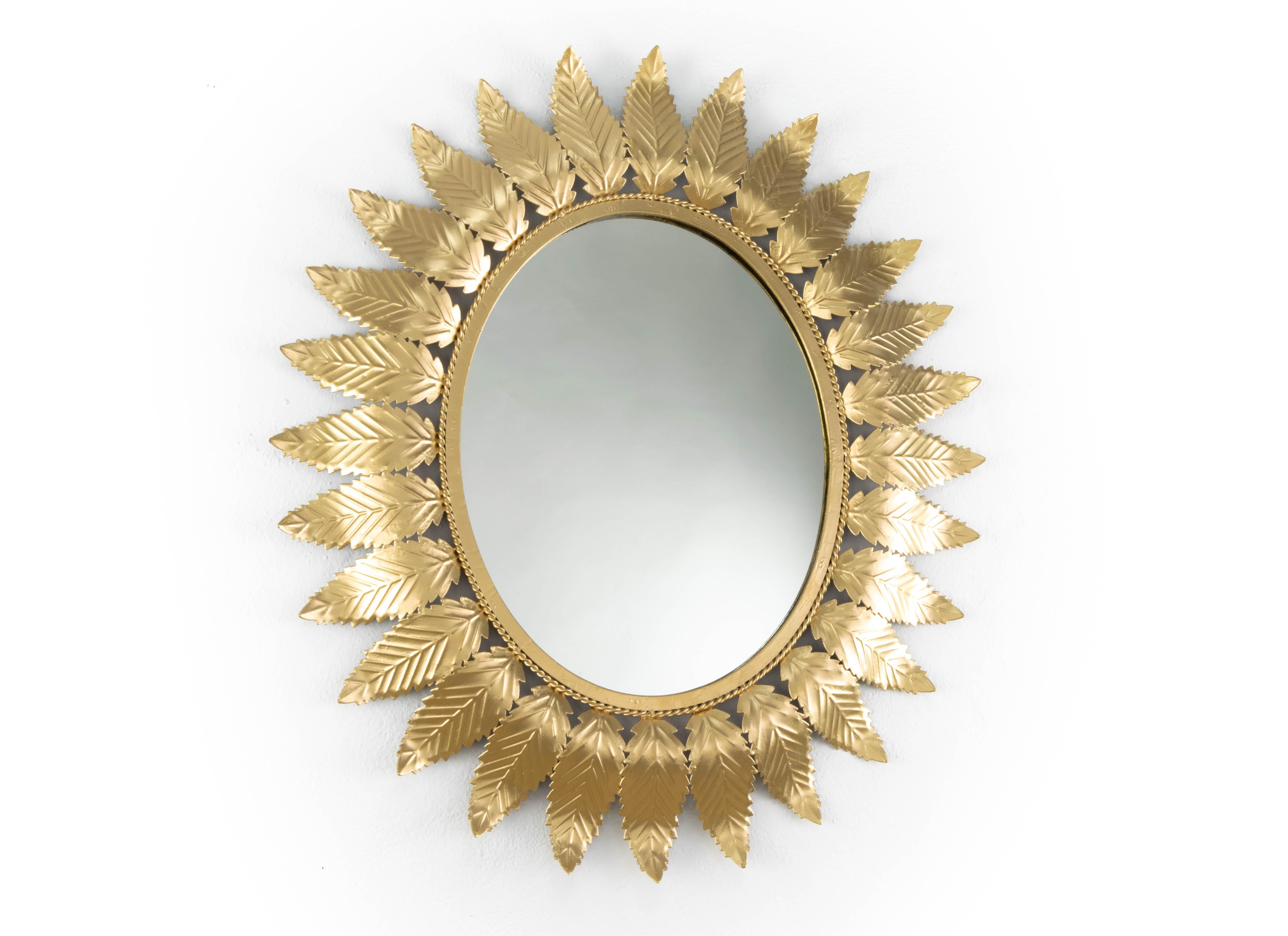 Mid-Century Modern Hollywood  Regency Golden Steel Mirror in the Shape of Sun and Leaves, Spain