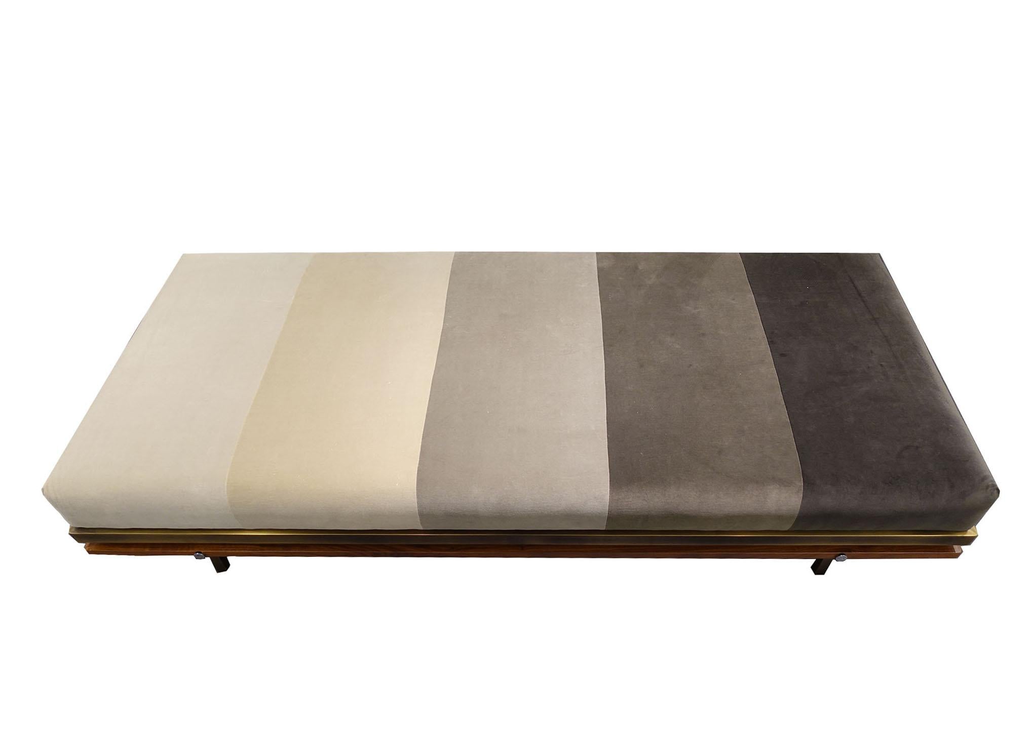 Mid-Century Modern gradient grey monochrome upholstered daybed; walnut and bronze base. Upholstery in great condition.