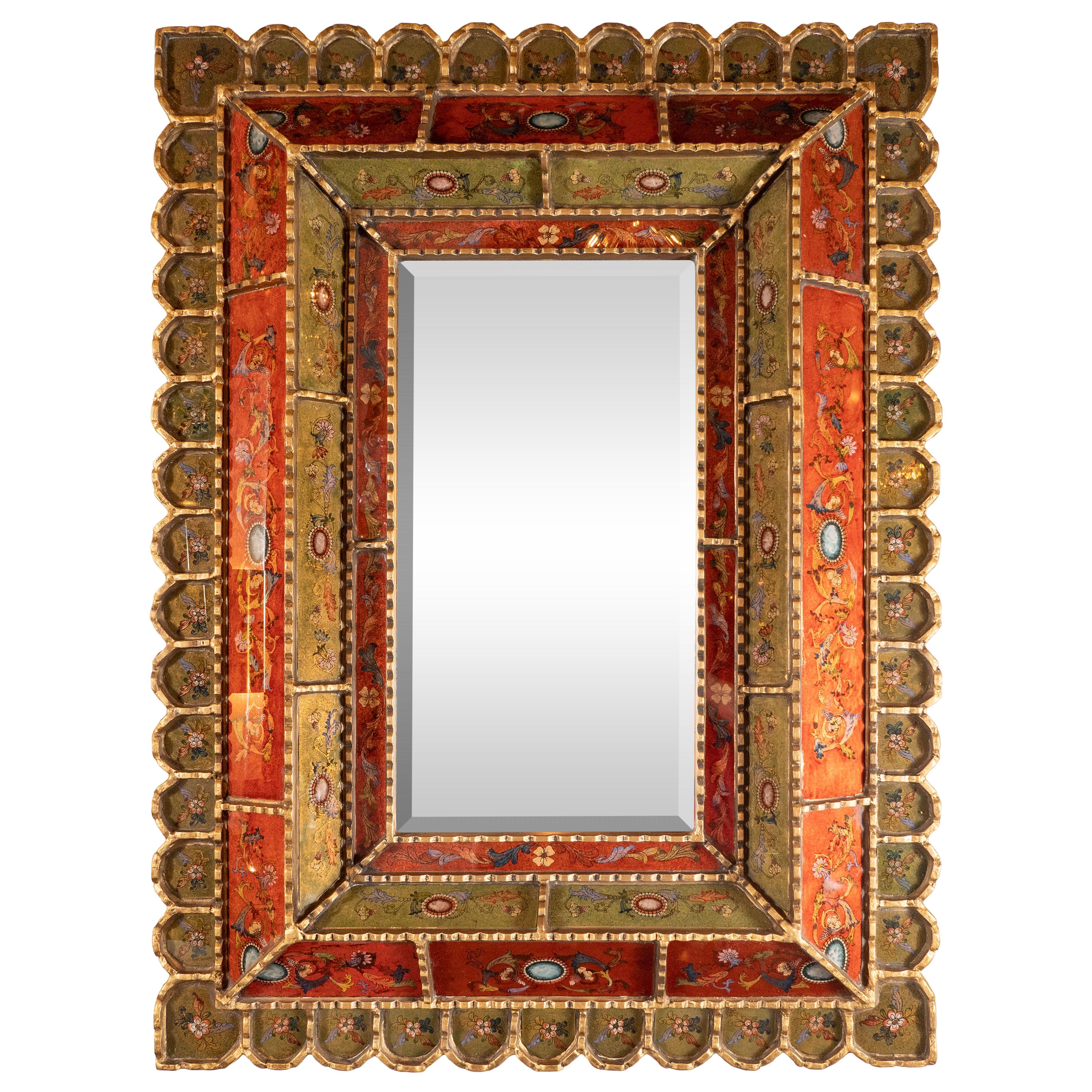 Mid-Century Modern Graphic Gilded Reverse Églomisé Hand-Painted Venetian Mirror