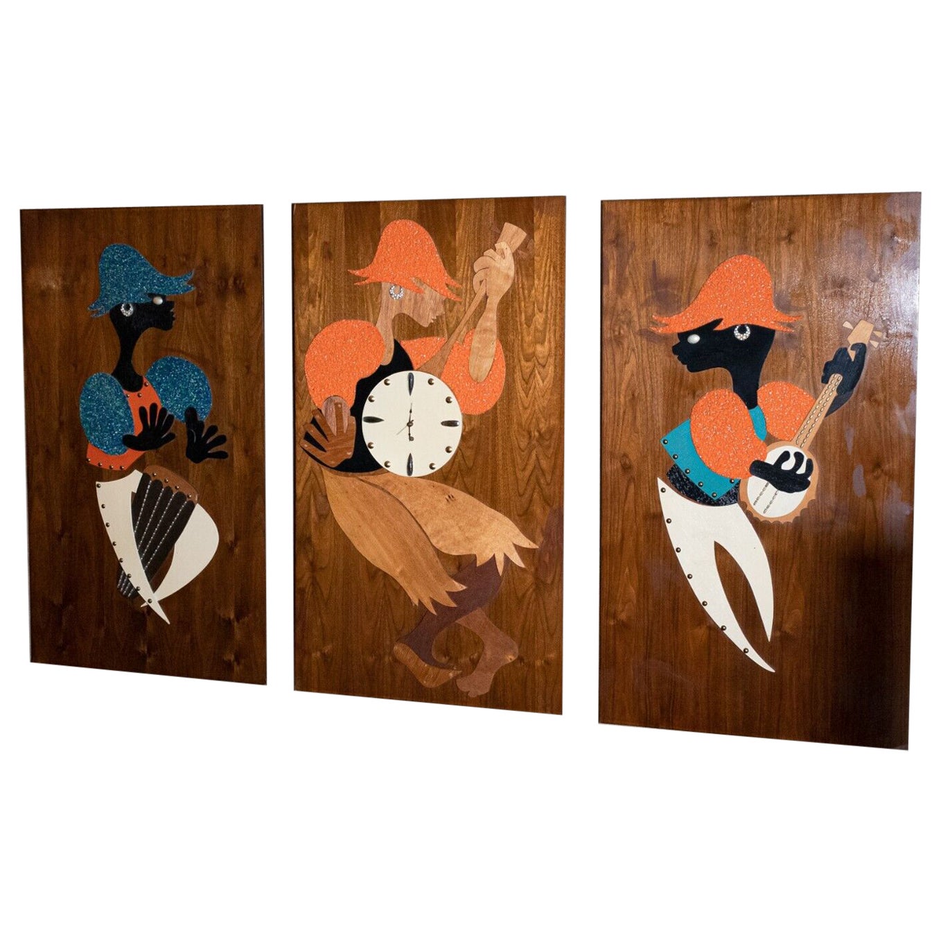 Mid -Century Modern Gravel Art Triptych Pictures With Clock On Wood Panel