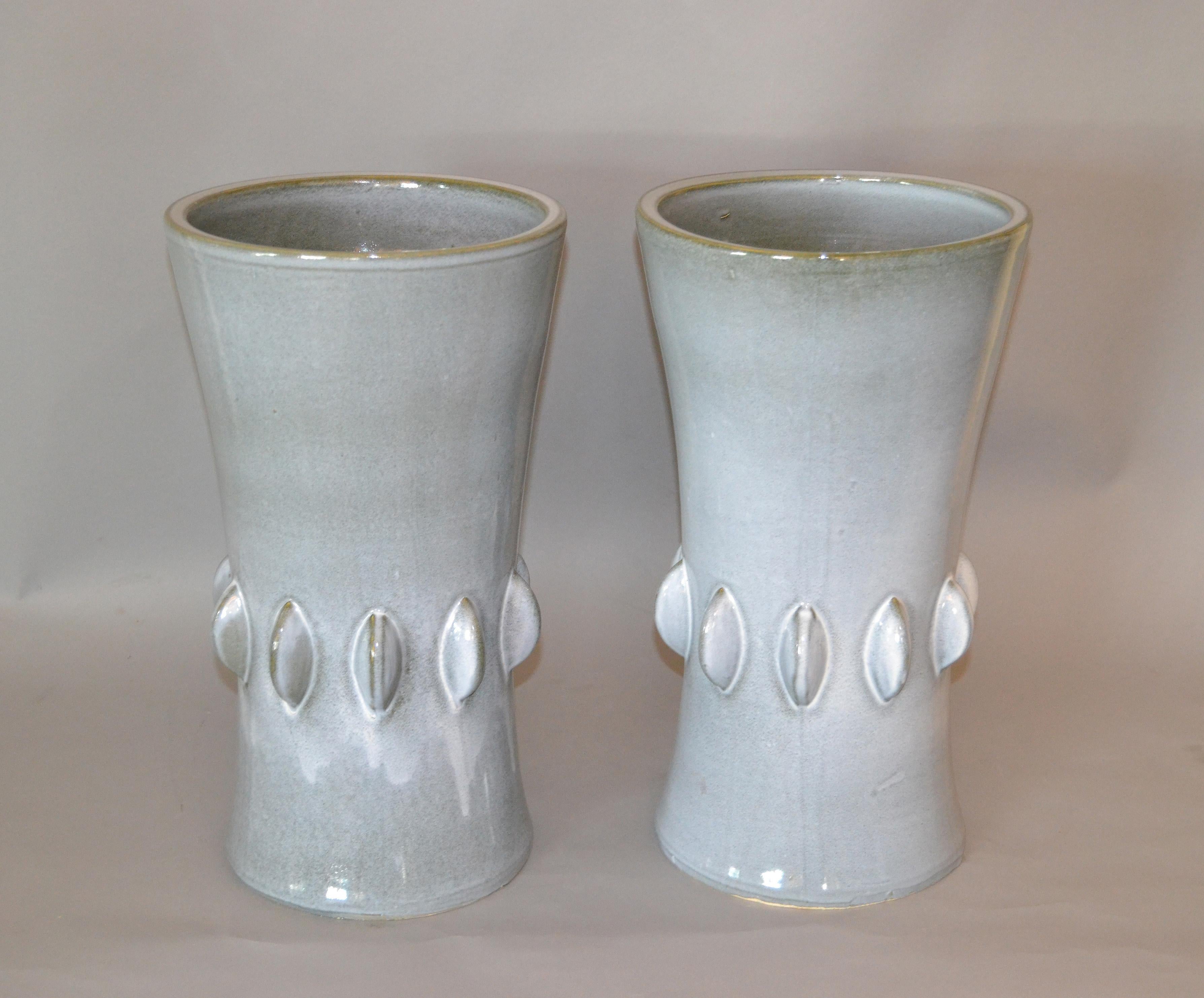 American Mid-Century Modern Gray Ceramic Vases with Dripping Glaze, Pair