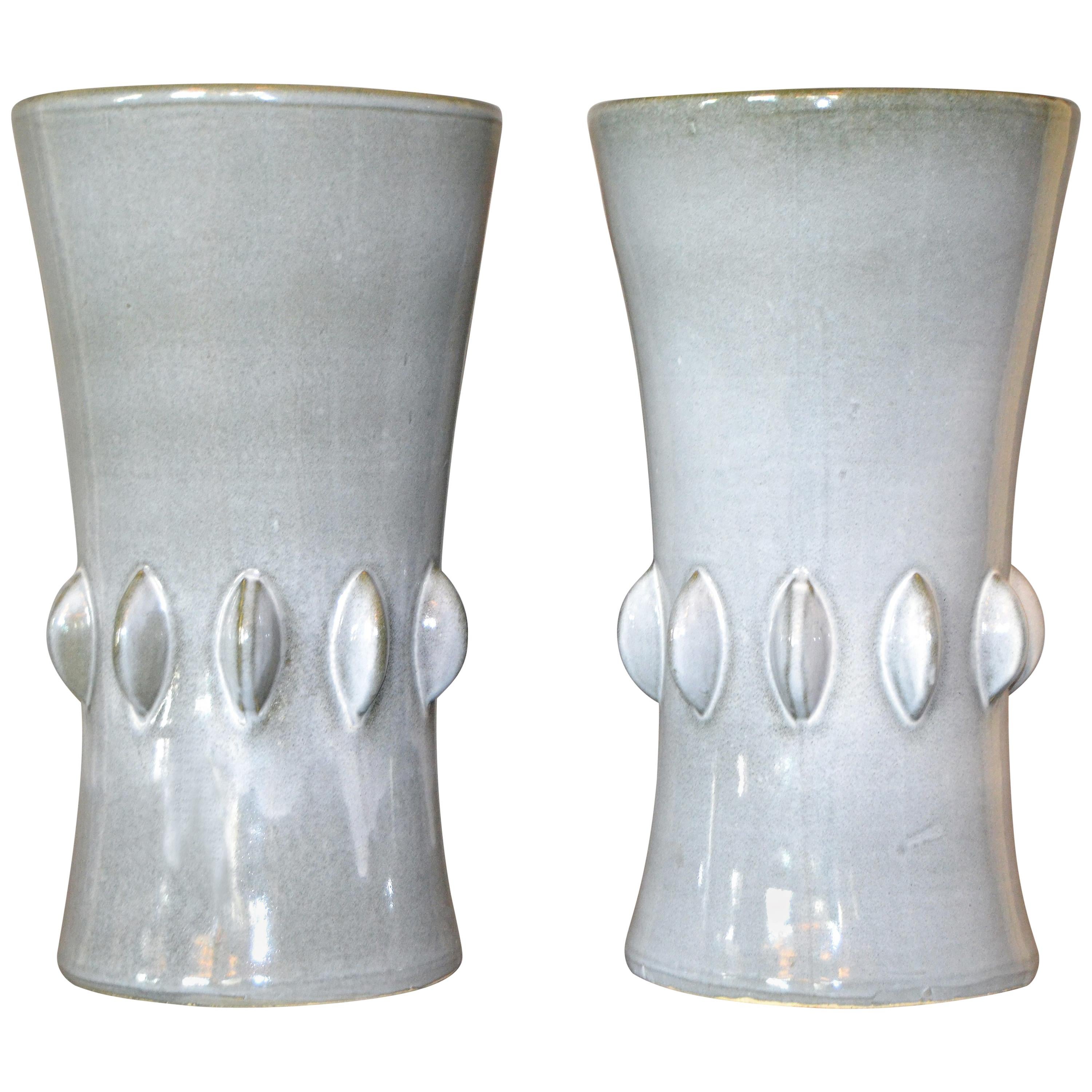 Mid-Century Modern Gray Ceramic Vases with Dripping Glaze, Pair