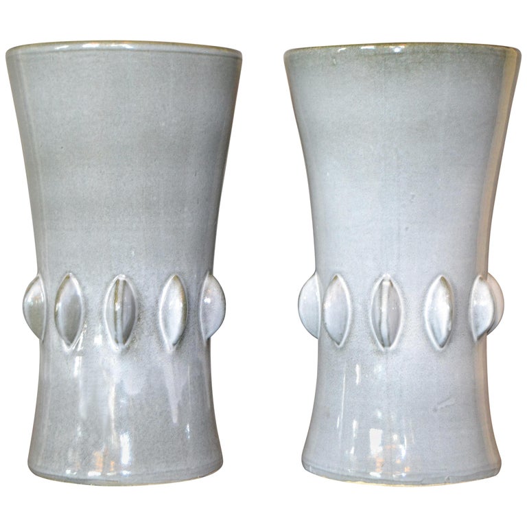 MidCentury Modern Gray Ceramic Vases with Dripping Glaze, Pair For