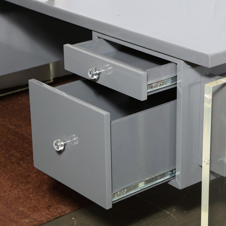 MidCentury Modern Grey Lacquer Desk with Translucent Lucite Supports
