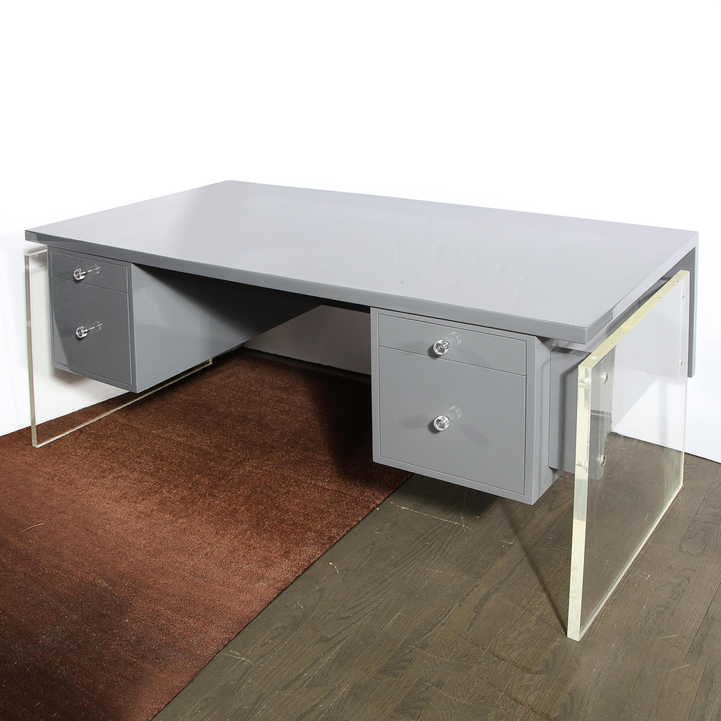 Mid-Century Modern Grey Lacquer Desk with Translucent Lucite Supports and Pulls In Excellent Condition In New York, NY