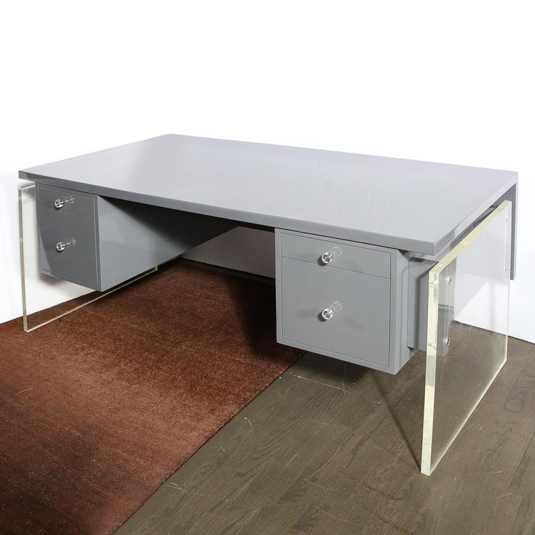 MidCentury Modern Grey Lacquer Desk with Translucent Lucite Supports