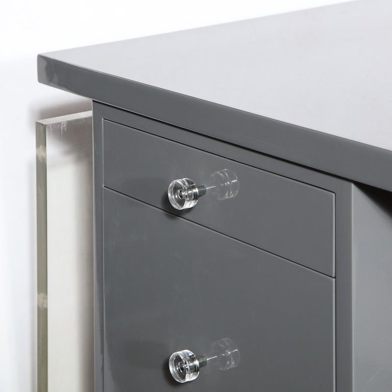 MidCentury Modern Grey Lacquer Desk with Translucent Lucite Supports