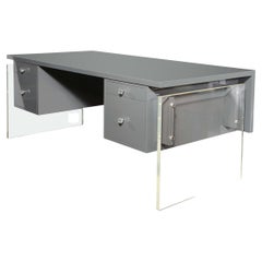 Mid-Century Modern Grey Lacquer Desk with Translucent Lucite Supports and Pulls