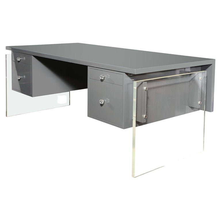 MidCentury Modern Grey Lacquer Desk with Translucent Lucite Supports