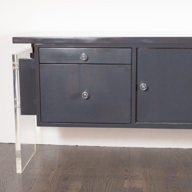 MidCentury Modern Gray Lacquer Sideboard with Translucent Lucite Legs
