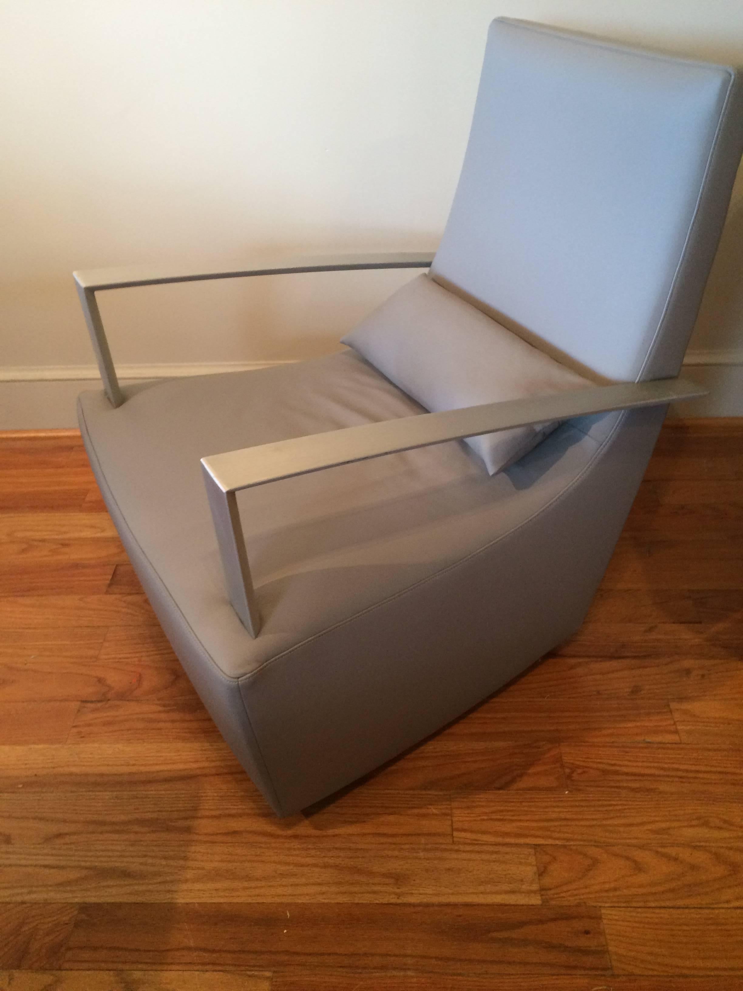 20th Century Mid-Century Modern Gray Leather Armchair and Ottoman with Brushed Steel Arms For Sale