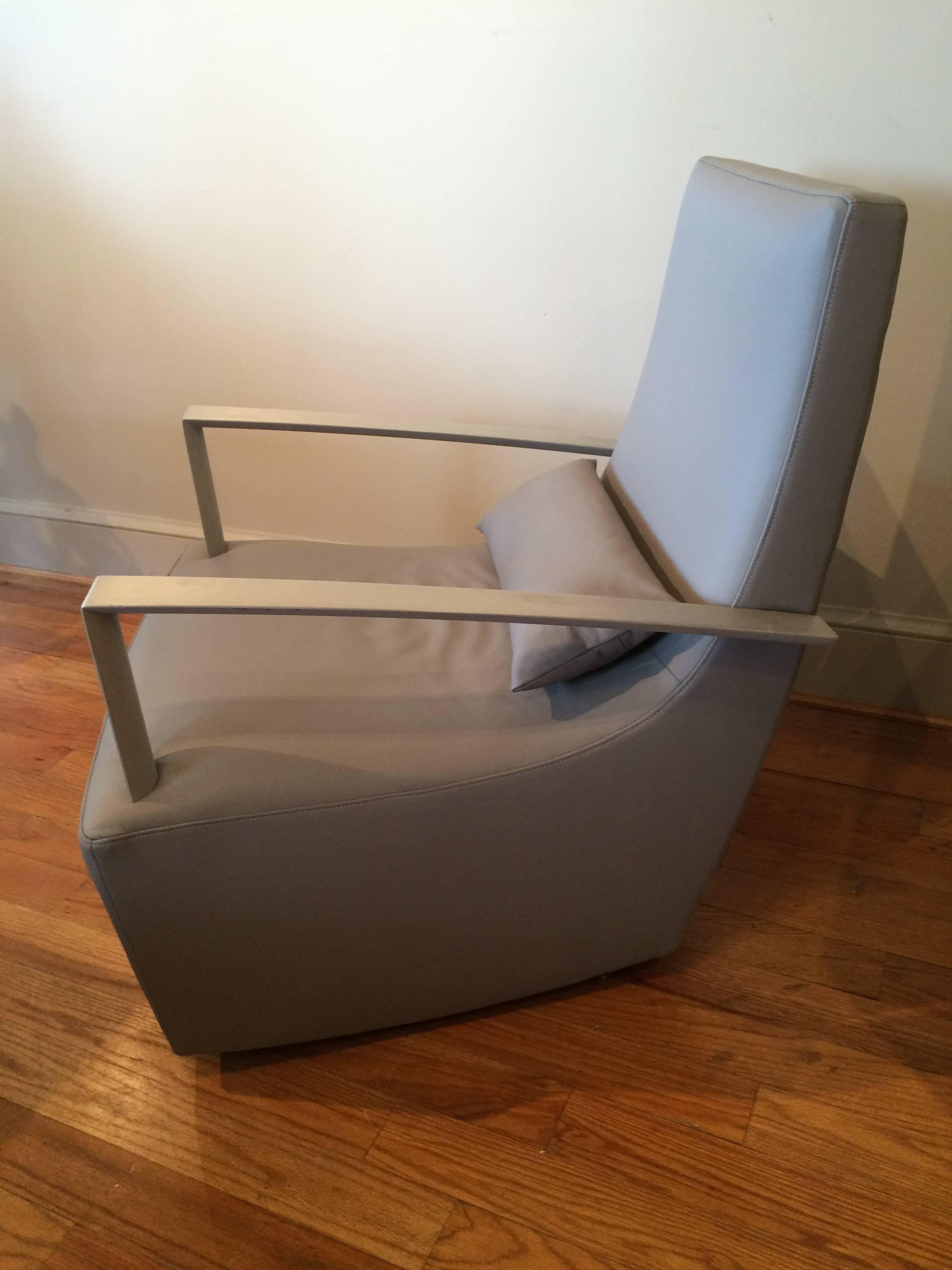 Mid-Century Modern Gray Leather Armchair and Ottoman with Brushed Steel Arms In Good Condition For Sale In Middleburg, VA