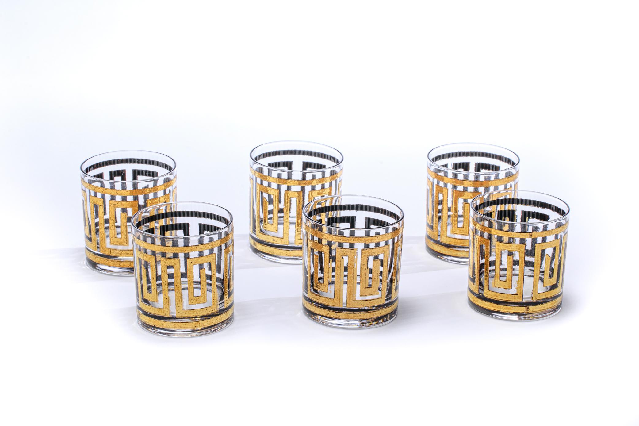 Mid-Century Modern Greek Key 22K Gold Cocktail Mixer and Set of 6 Rocks Glasses For Sale 4