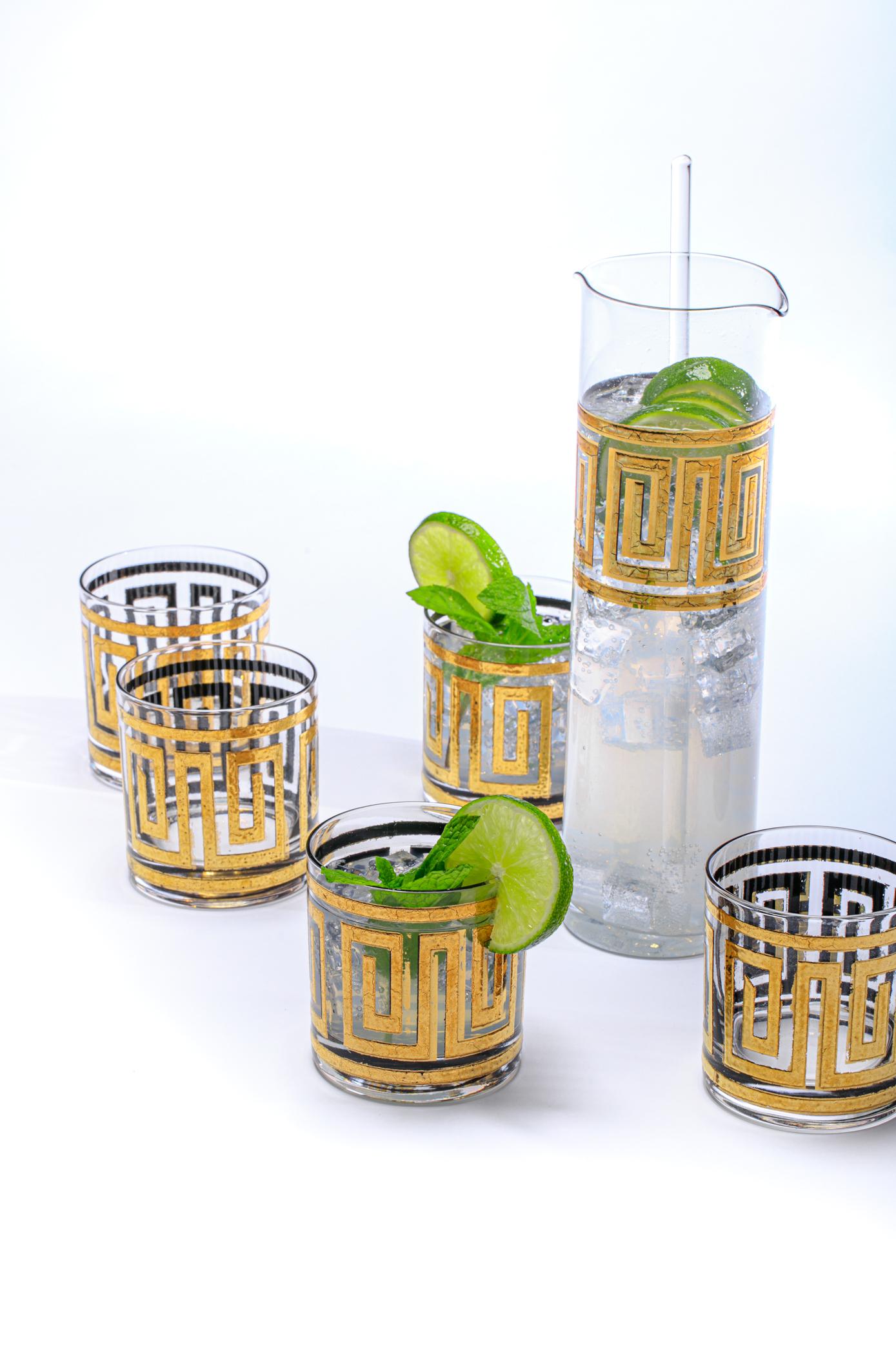 Mid-Century Modern Greek Key 22K Gold Cocktail Mixer and Set of 6 Rocks Glasses For Sale 5