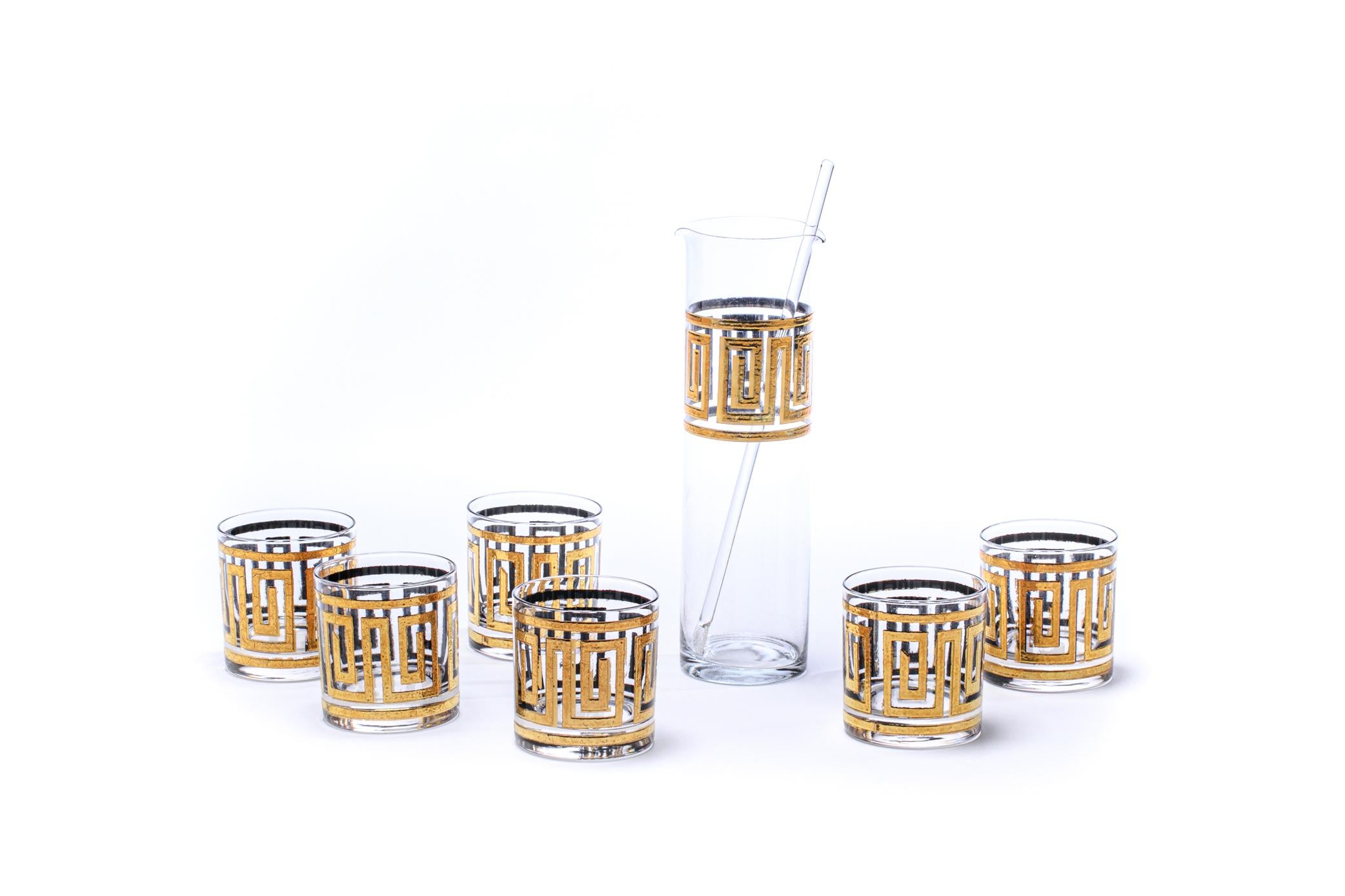 Mid-Century Modern Greek Key 22K Gold Cocktail Mixer and Set of 6 Rocks Glasses For Sale 6