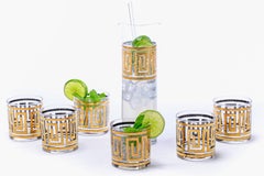 Mid-Century Modern Greek Key 22K Gold Cocktail Mixer and Set of 6 Rocks Glasses