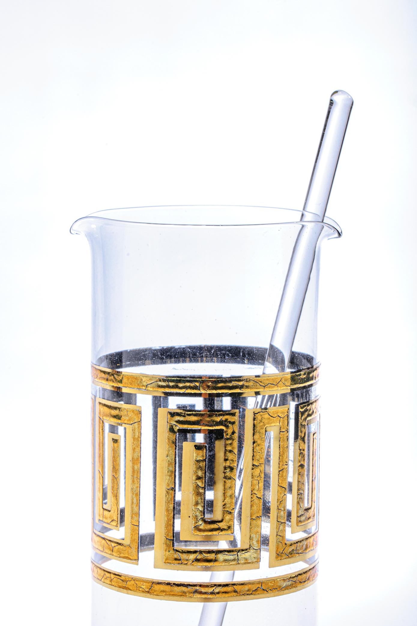 Mid-20th Century Mid-Century Modern Greek Key 22K Gold Cocktail Mixer and Set of 6 Rocks Glasses For Sale