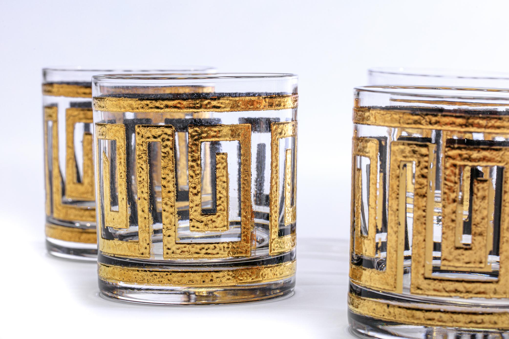 Mid-Century Modern Greek Key 22K Gold Cocktail Mixer and Set of 6 Rocks Glasses For Sale 2