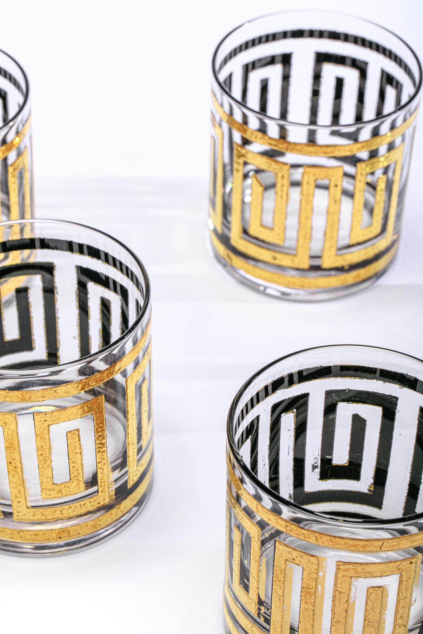 Mid-Century Modern Greek Key 22K Gold Cocktail Mixer and Set of 6 Rocks Glasses For Sale 3