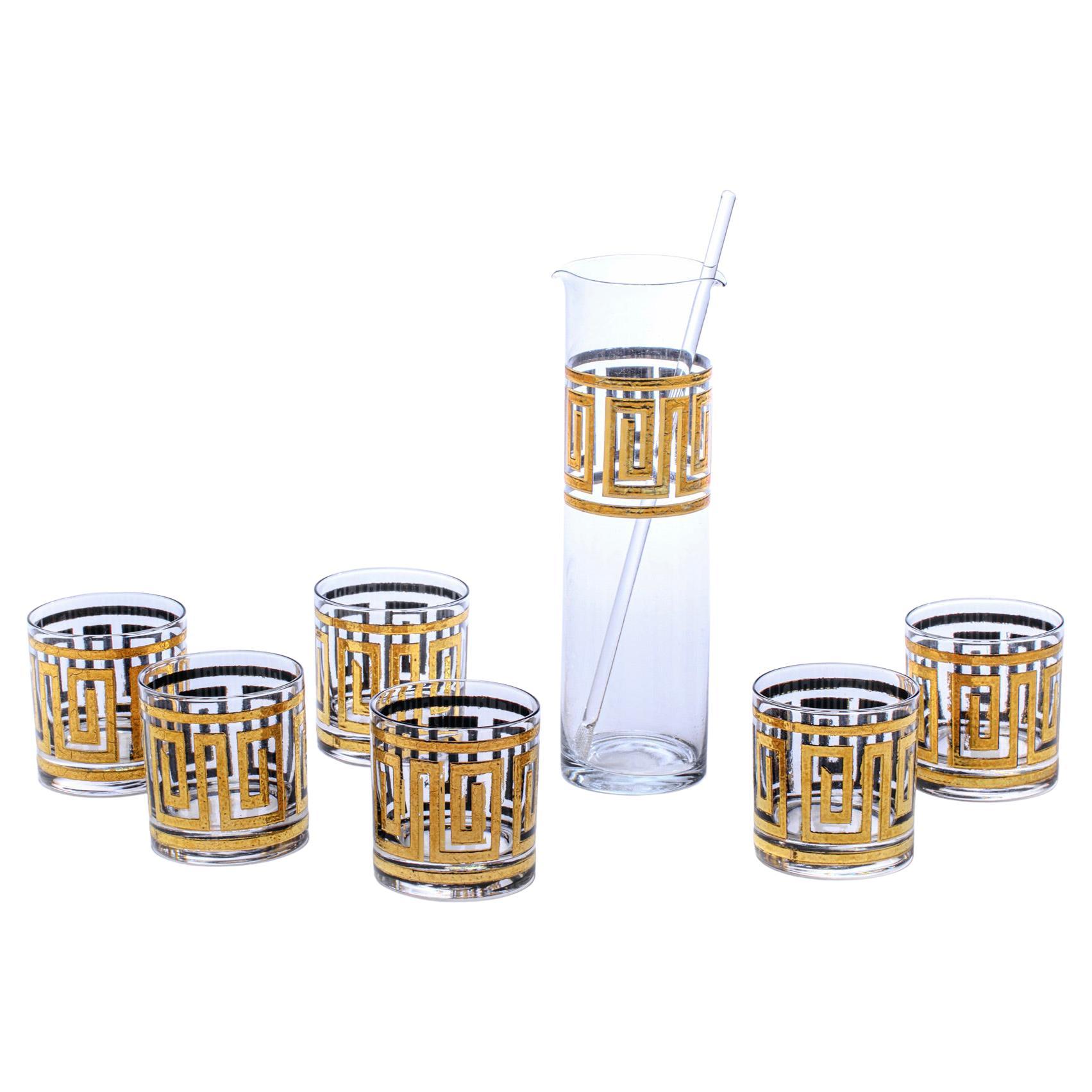 Mid-Century Modern Greek Key 22K Gold Cocktail Mixer and Set of 6 Rocks Glasses For Sale