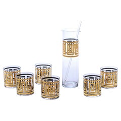 Mid-Century Modern Greek Key 22K Gold Cocktail Mixer and Set of 6 Rocks Glasses
