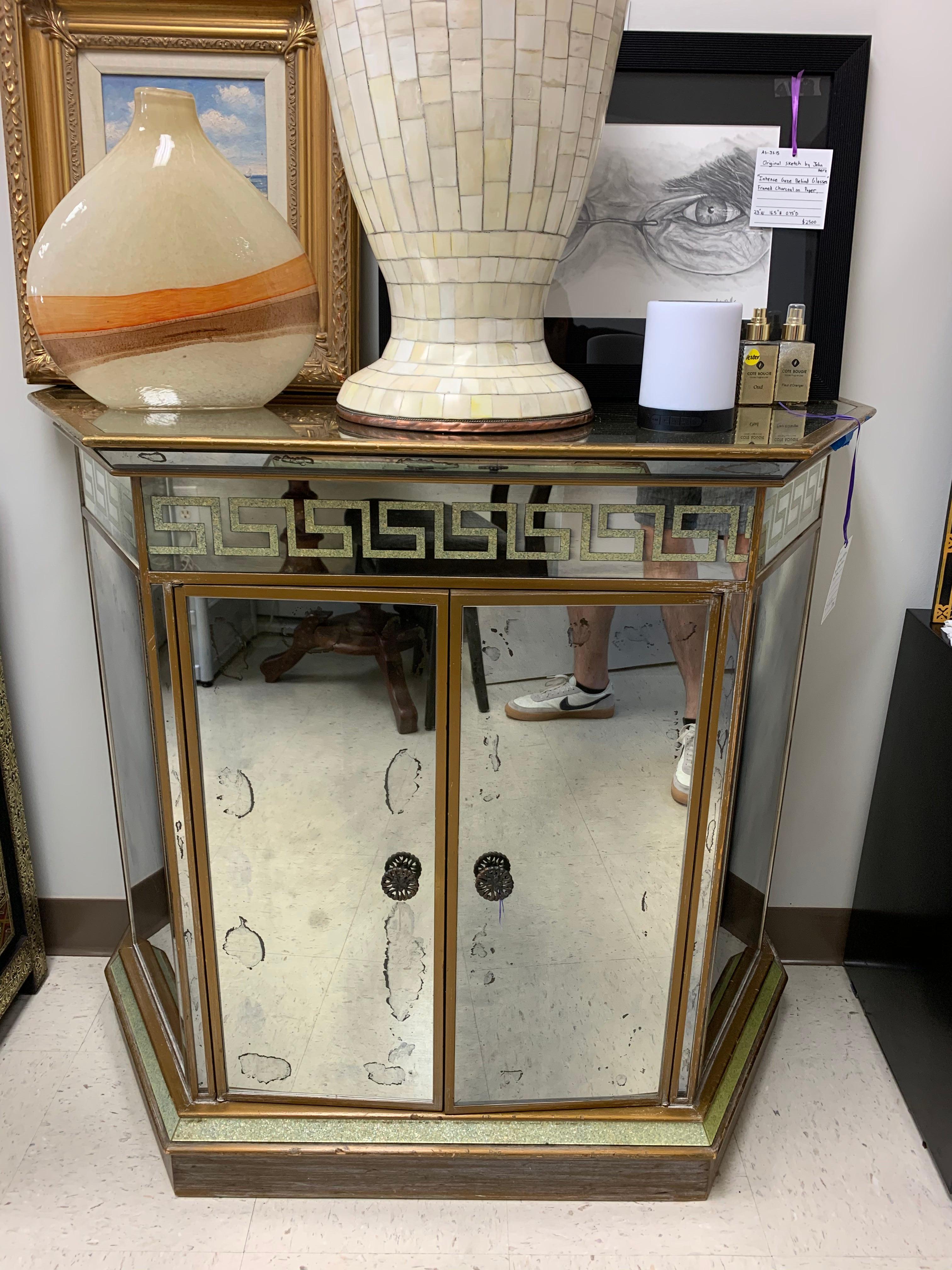 Mid-Century Modern Greek Key Design Mirrored Bar or Serving Cabinet 12