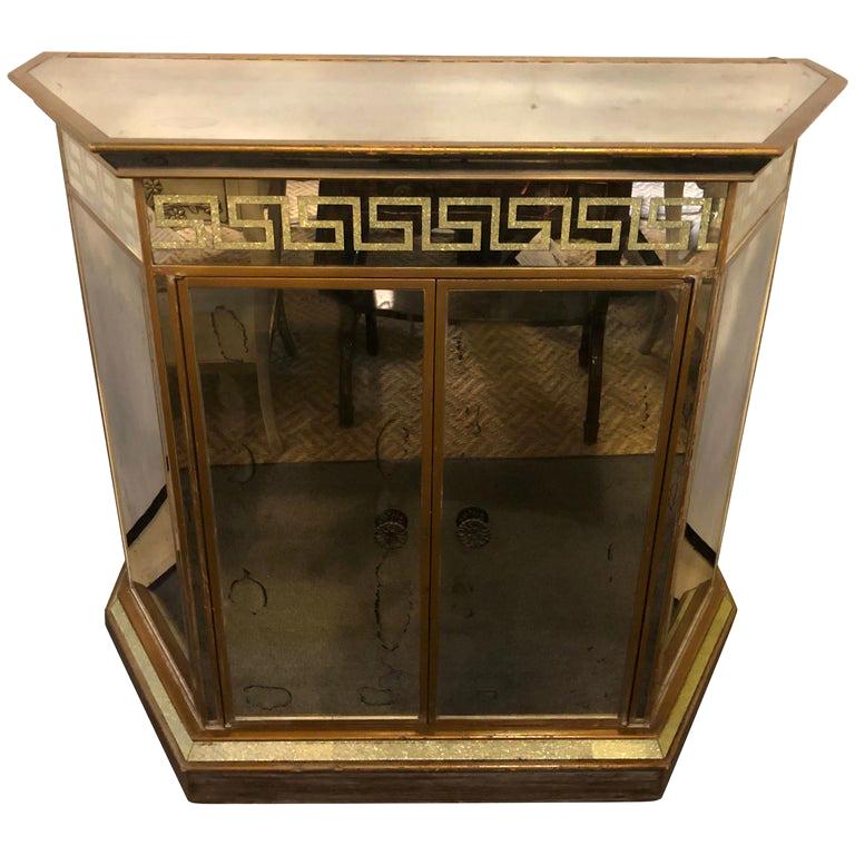 Mid-Century Modern Greek Key Design Mirrored Bar or Serving Cabinet