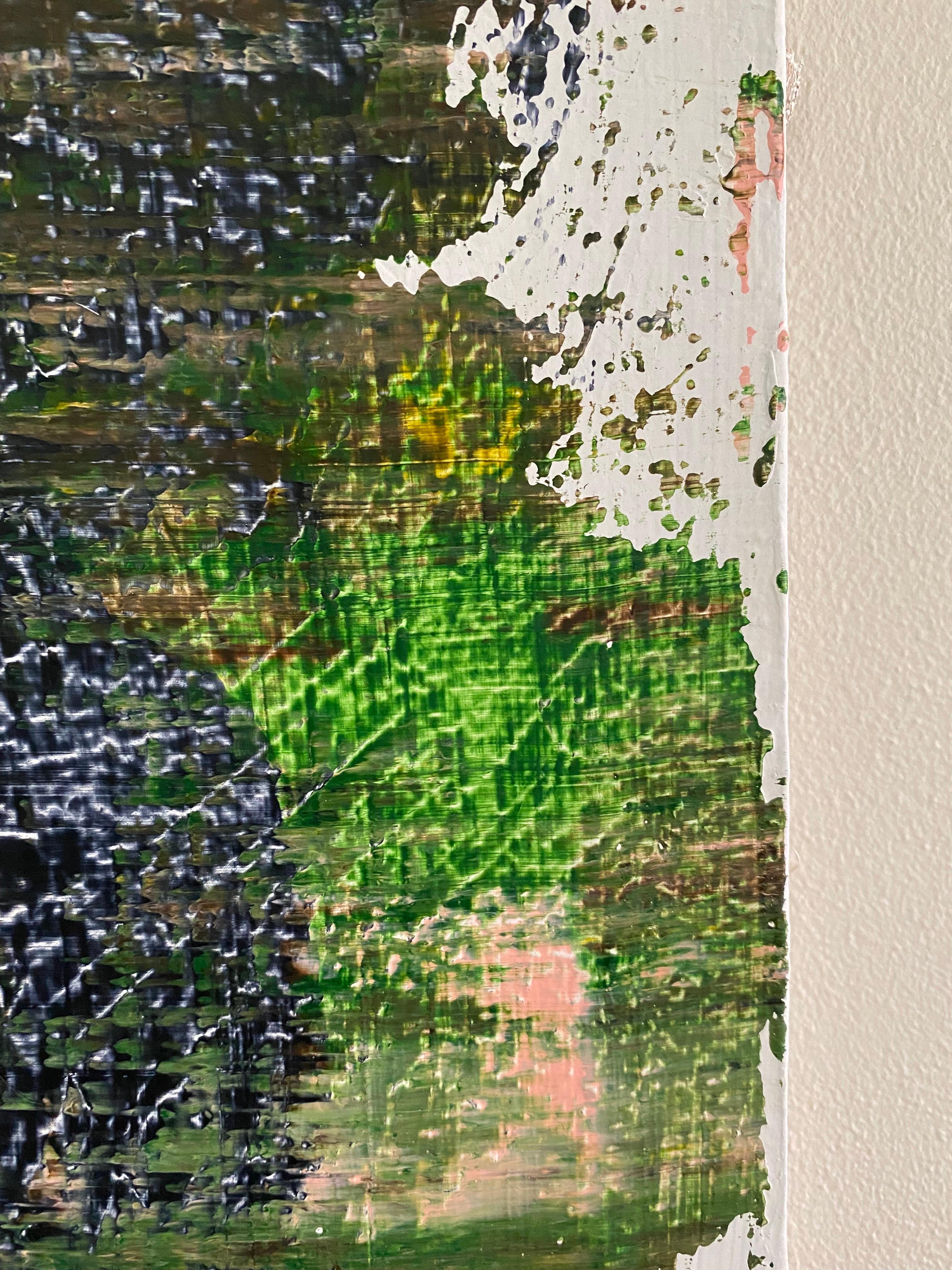 Très belle peinture abstraite verte fortement texturée dans le style de Gerhard Richter, acrylique sur toile.