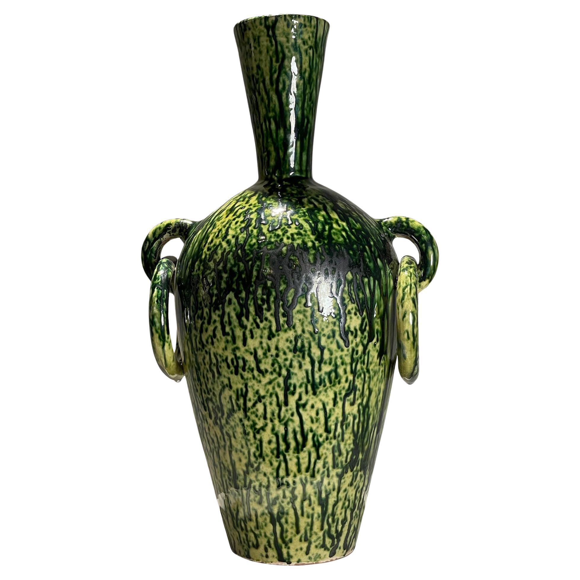 Vaso in terracotta smaltato a goccia verde e nero della modernità di metà secolo