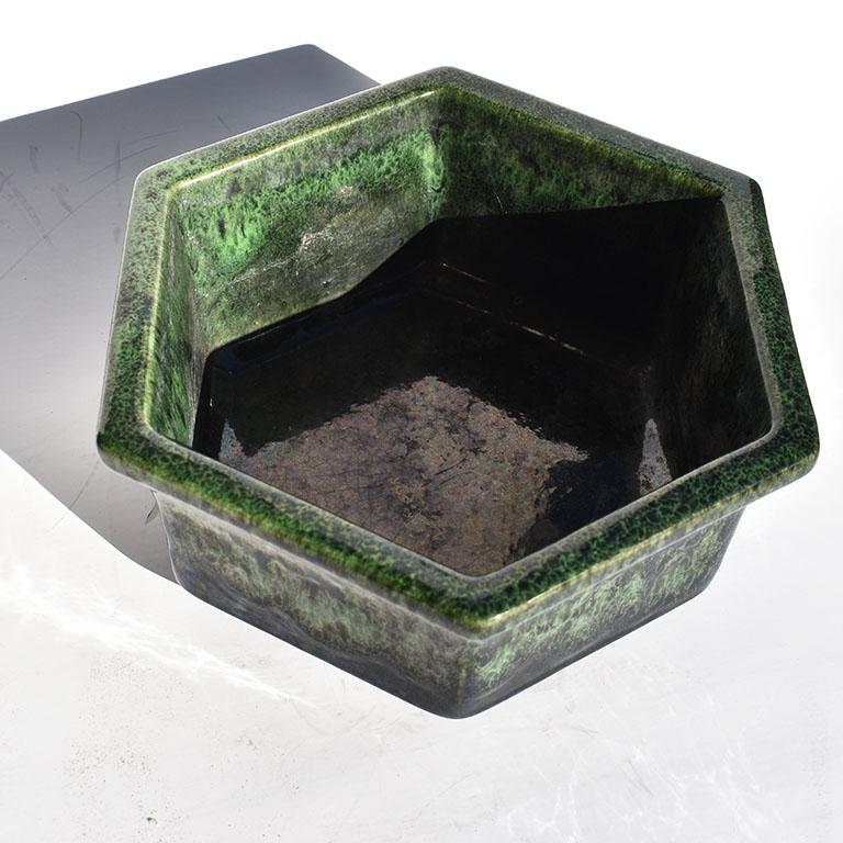 Image showcasing Mid-Century Modern Green and Black Geometric Ombré Octagonal Planter by ...
