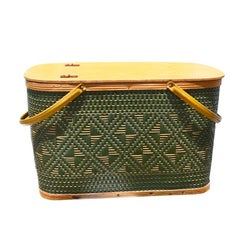Mid-Century Modern Green and Brown Woven Picnic Basket with Handles