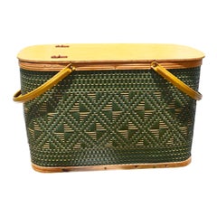 Vintage Mid-Century Modern Green and Brown Woven Picnic Basket with Handles