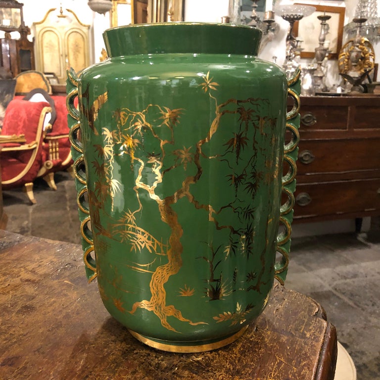 MidCentury Modern Green and Gold Ceramic Italian Vase, circa 1960 at 1stDibs