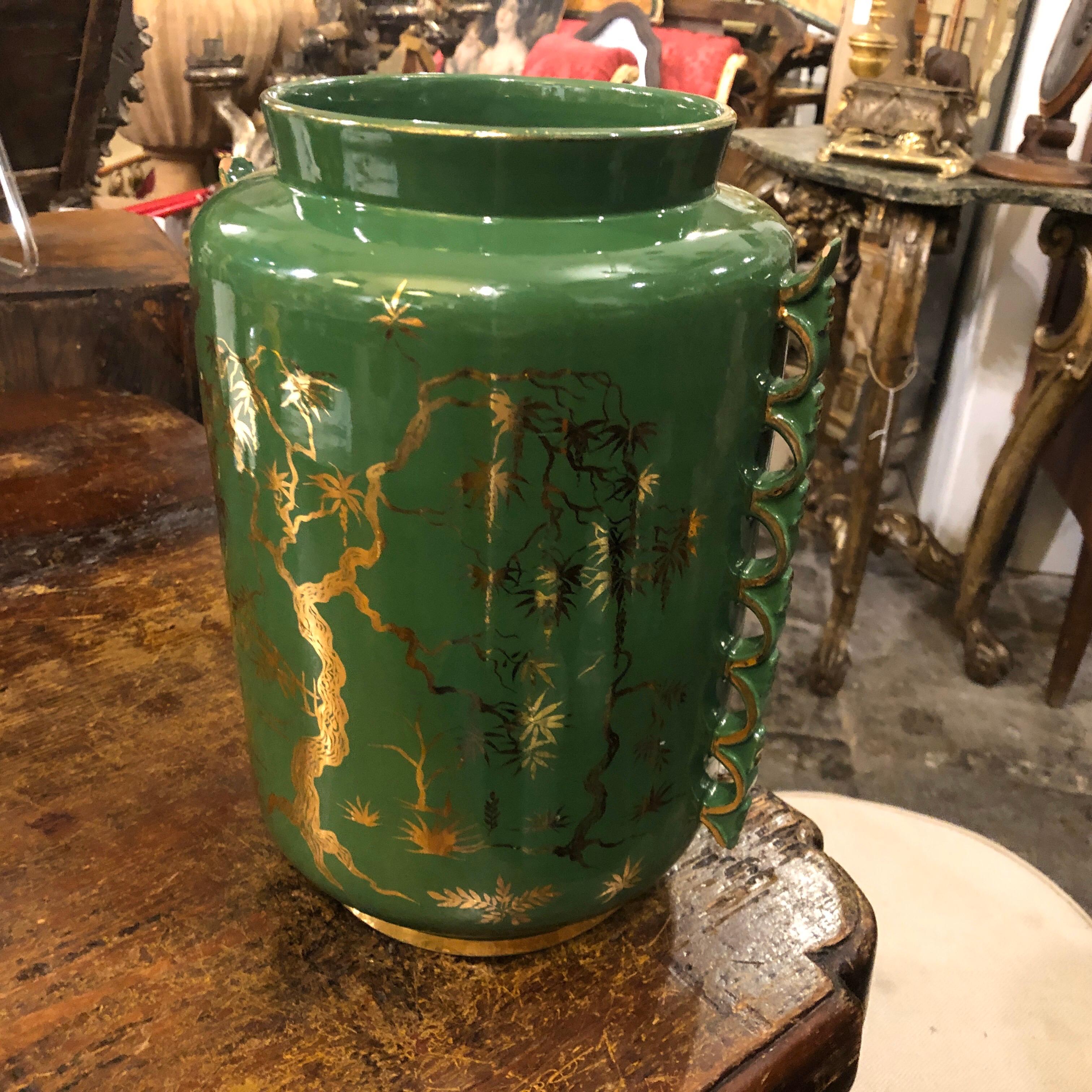 Mid-Century Modern Green and Gold Ceramic Italian Vase, circa 1960 9