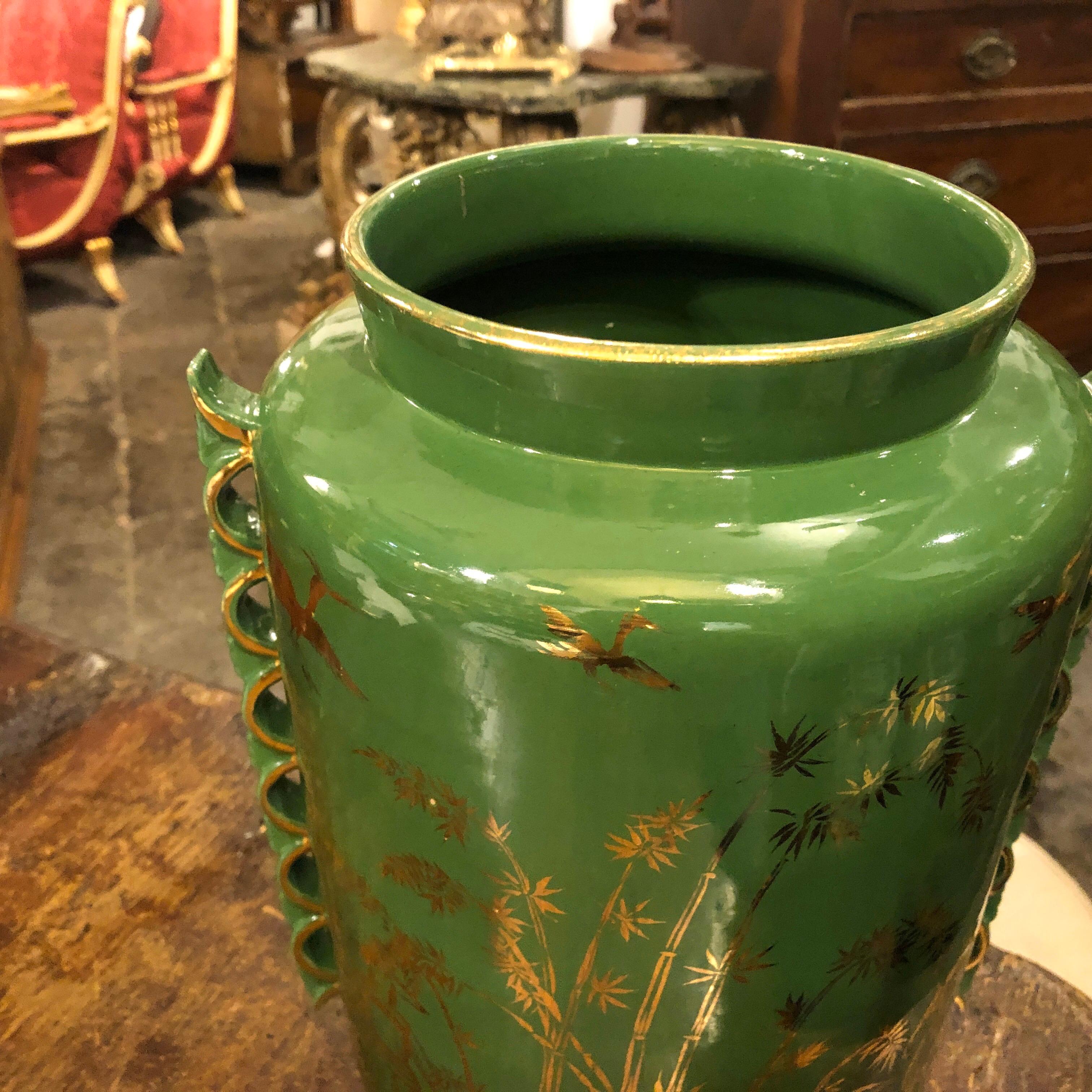 Mid-Century Modern Green and Gold Ceramic Italian Vase, circa 1960 In Good Condition In Aci Castello, IT
