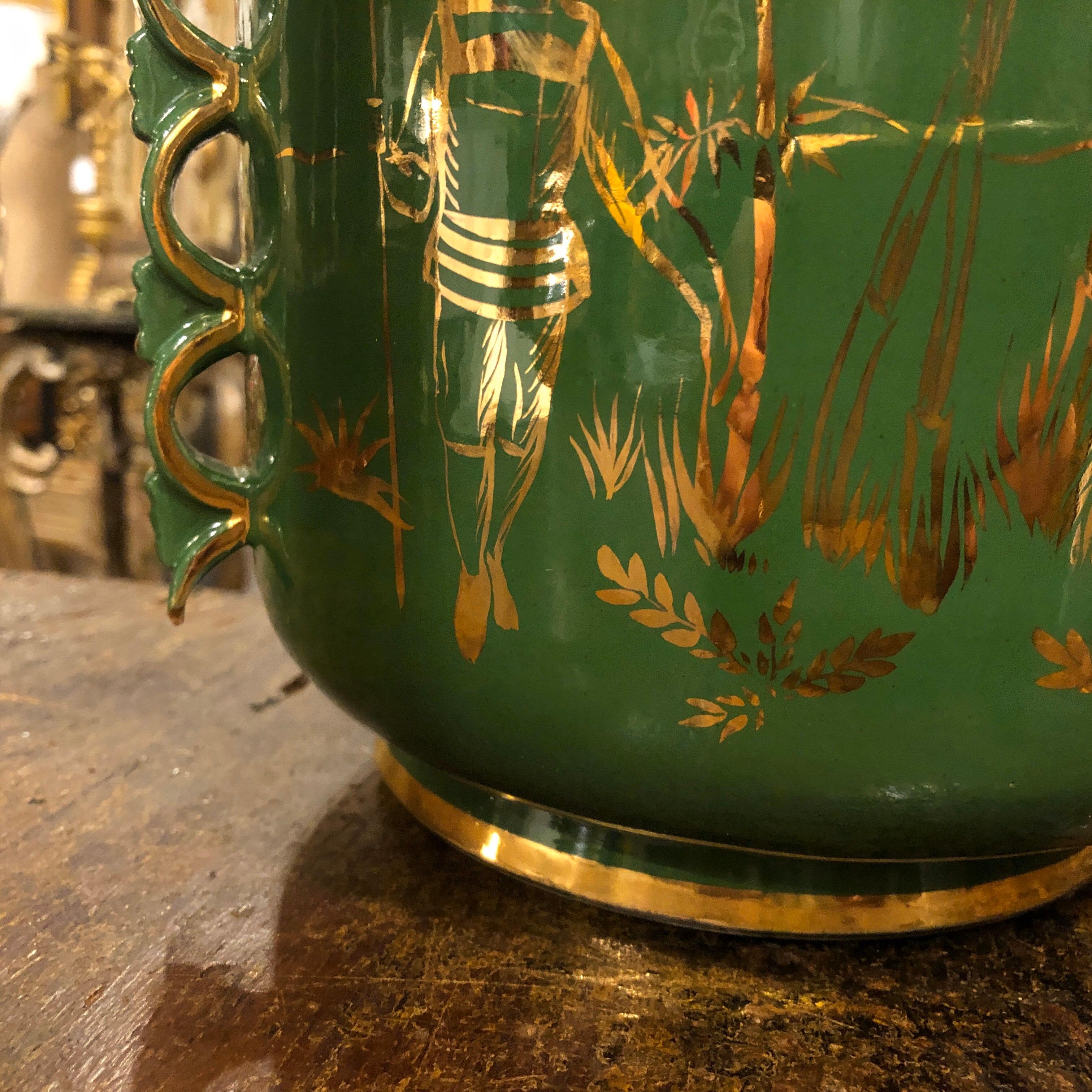 Mid-Century Modern Green and Gold Ceramic Italian Vase, circa 1960 1
