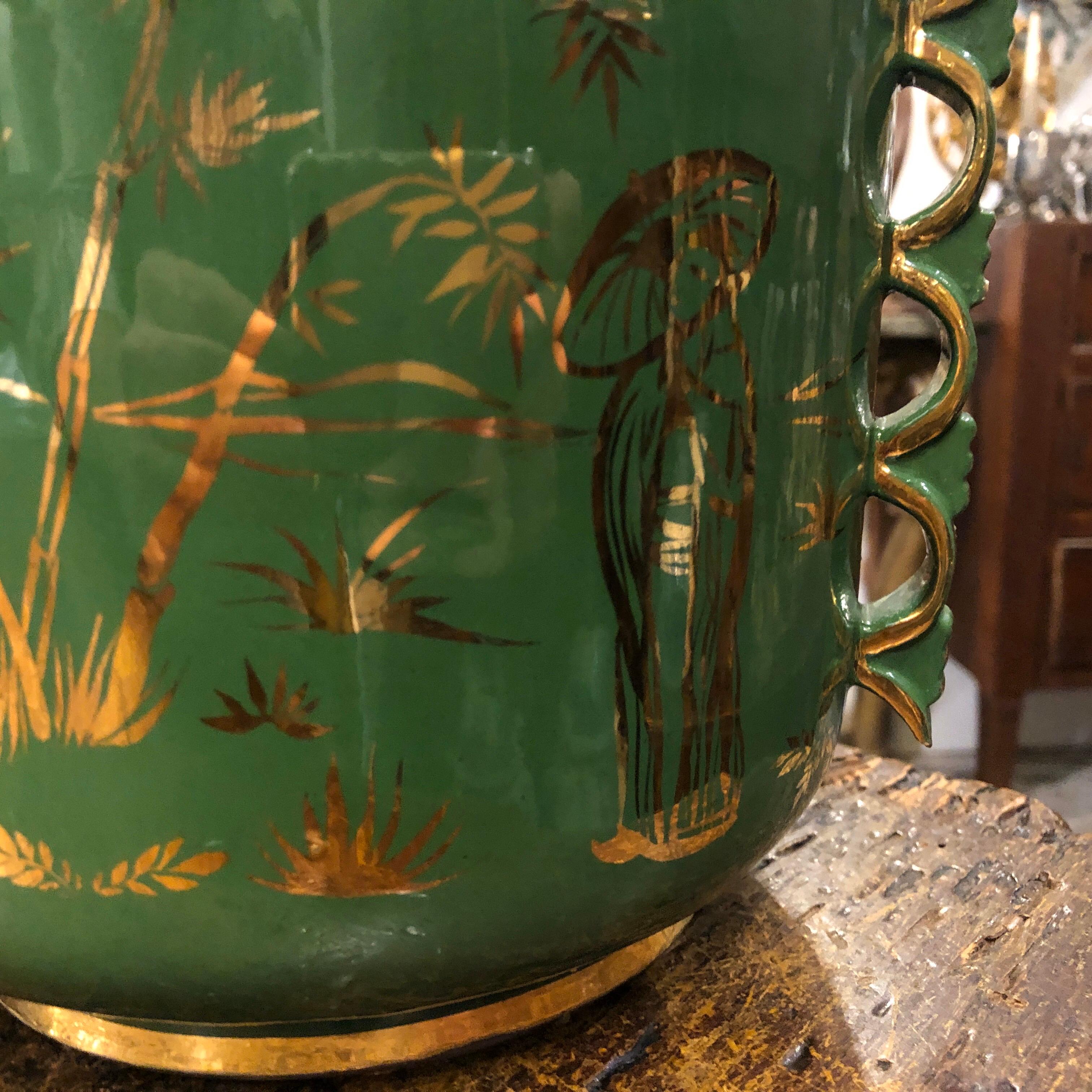 Mid-Century Modern Green and Gold Ceramic Italian Vase, circa 1960 2