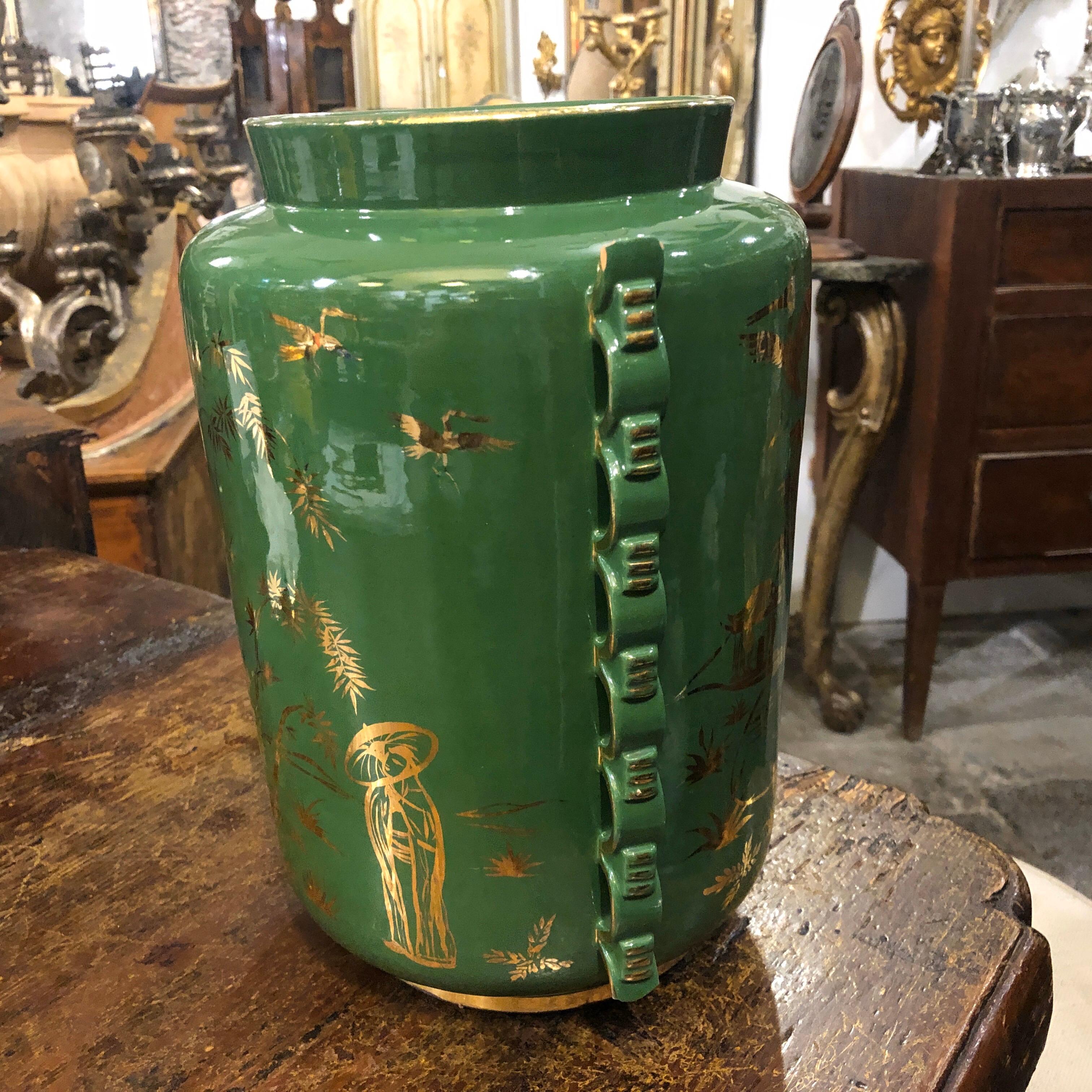 Mid-Century Modern Green and Gold Ceramic Italian Vase, circa 1960 4