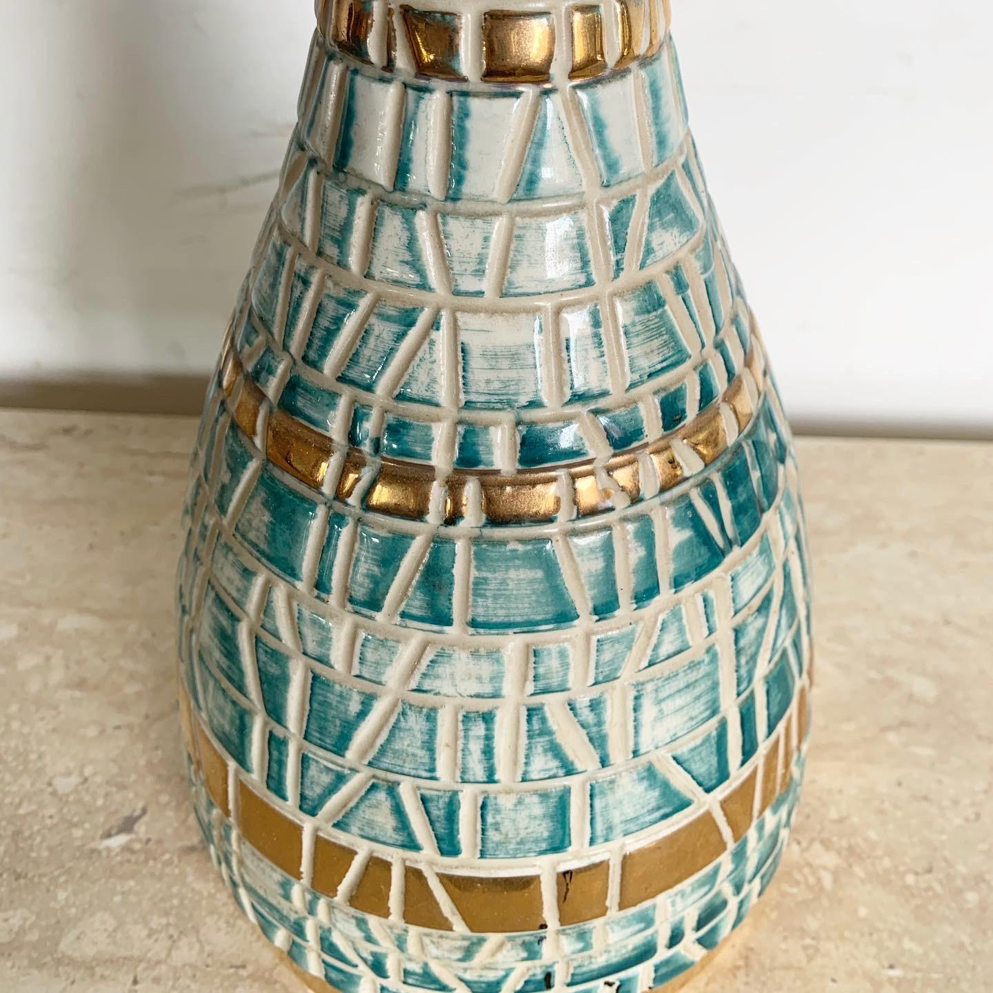 Mid-Century Modern Mid Century Modern Green and Gold Faux Mosaic Ceramic Table Lamp For Sale
