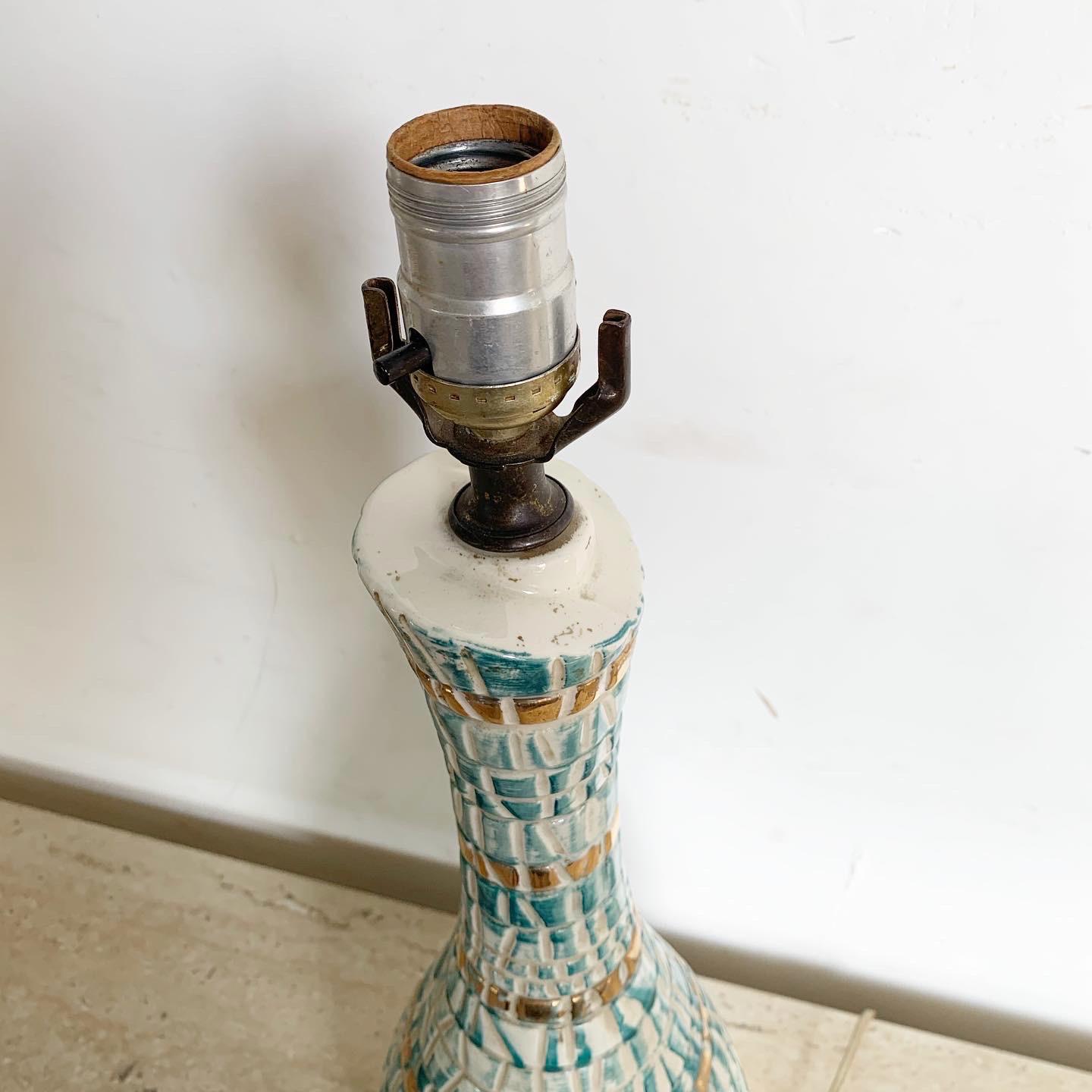 American Mid Century Modern Green and Gold Faux Mosaic Ceramic Table Lamp