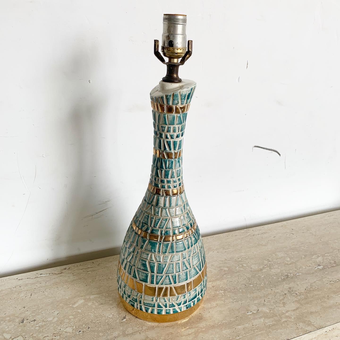 Mid Century Modern Green and Gold Faux Mosaic Ceramic Table Lamp In Good Condition In Delray Beach, FL