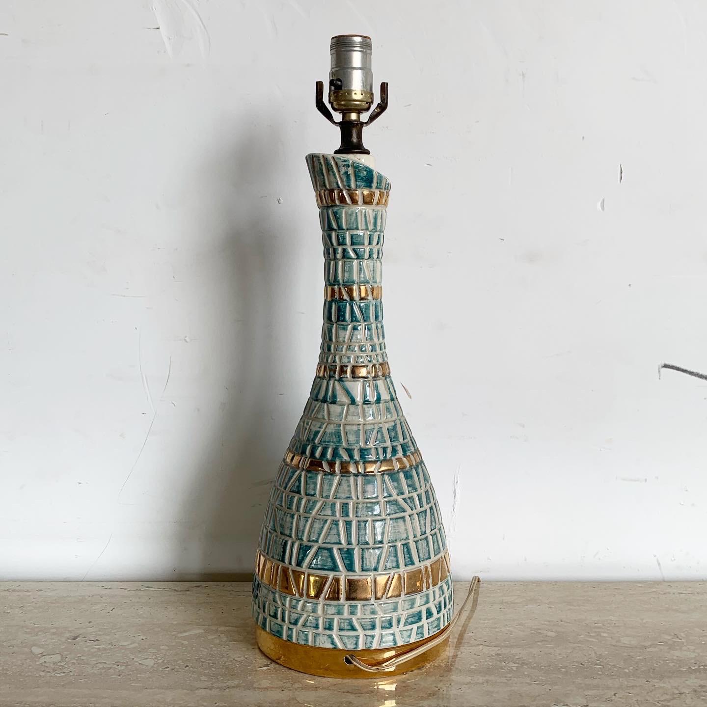 Mid-20th Century Mid Century Modern Green and Gold Faux Mosaic Ceramic Table Lamp For Sale